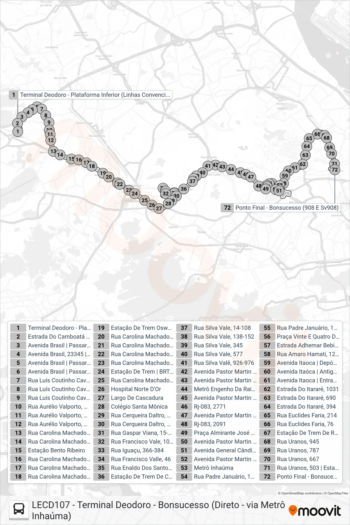 Rota e paradas da linha de ônibus SN 908 (Bonsucesso) no mapa
