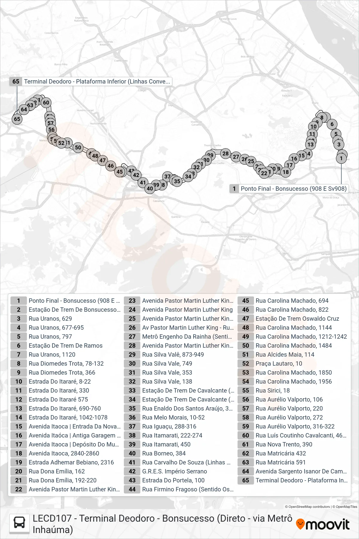Rota e paradas da linha de ônibus SN 908 (Terminal Deodoro) no mapa