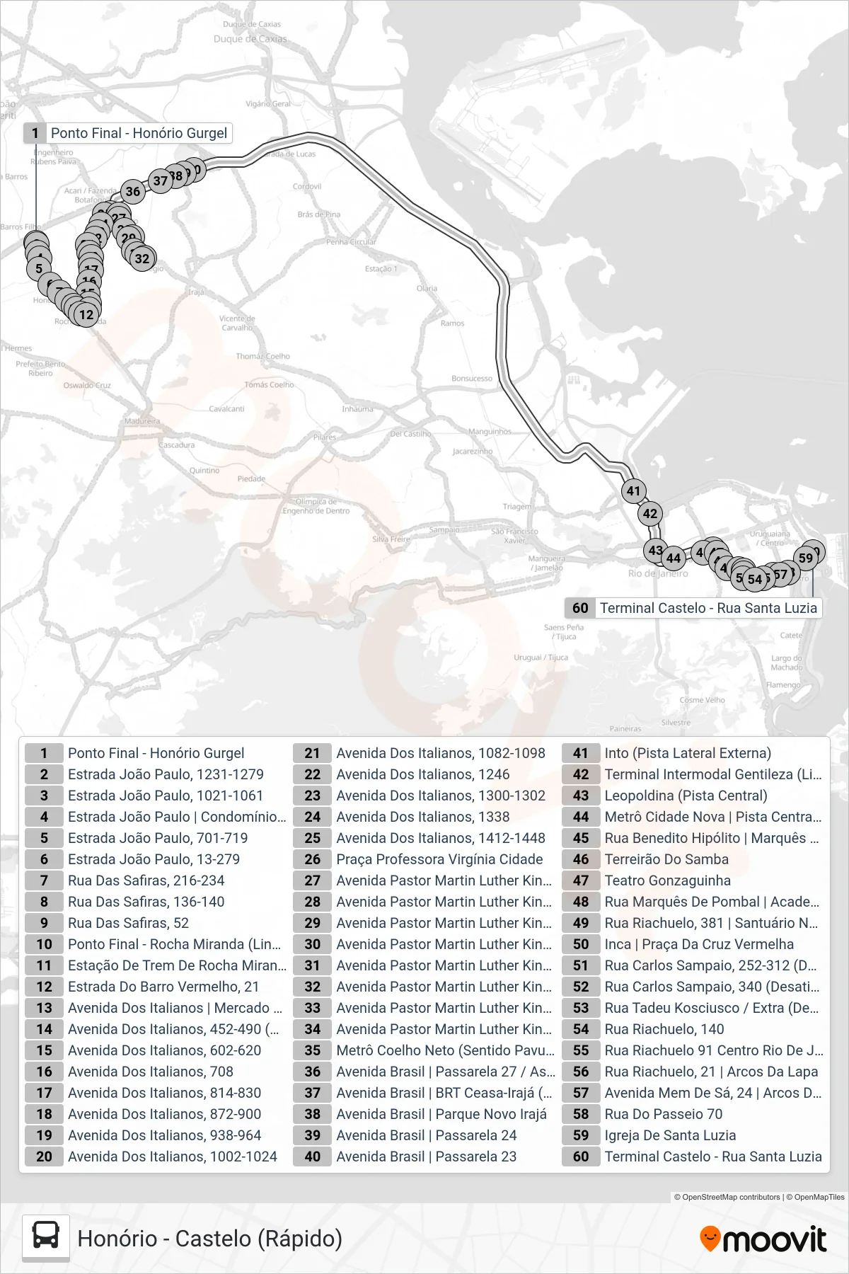 Rota e paradas da linha de ônibus SR 362 (Castelo) no mapa