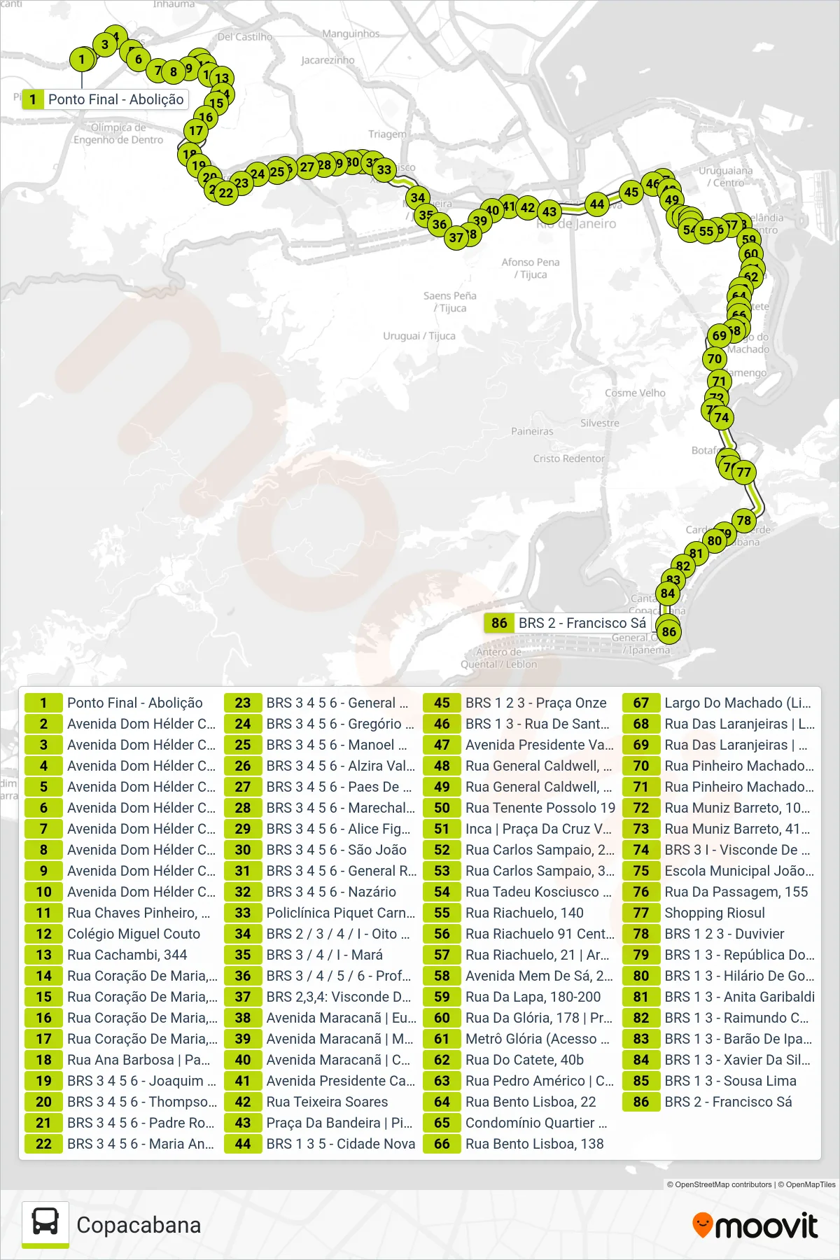 Rota e paradas da linha de ônibus SN 457 (Copacabana) no mapa