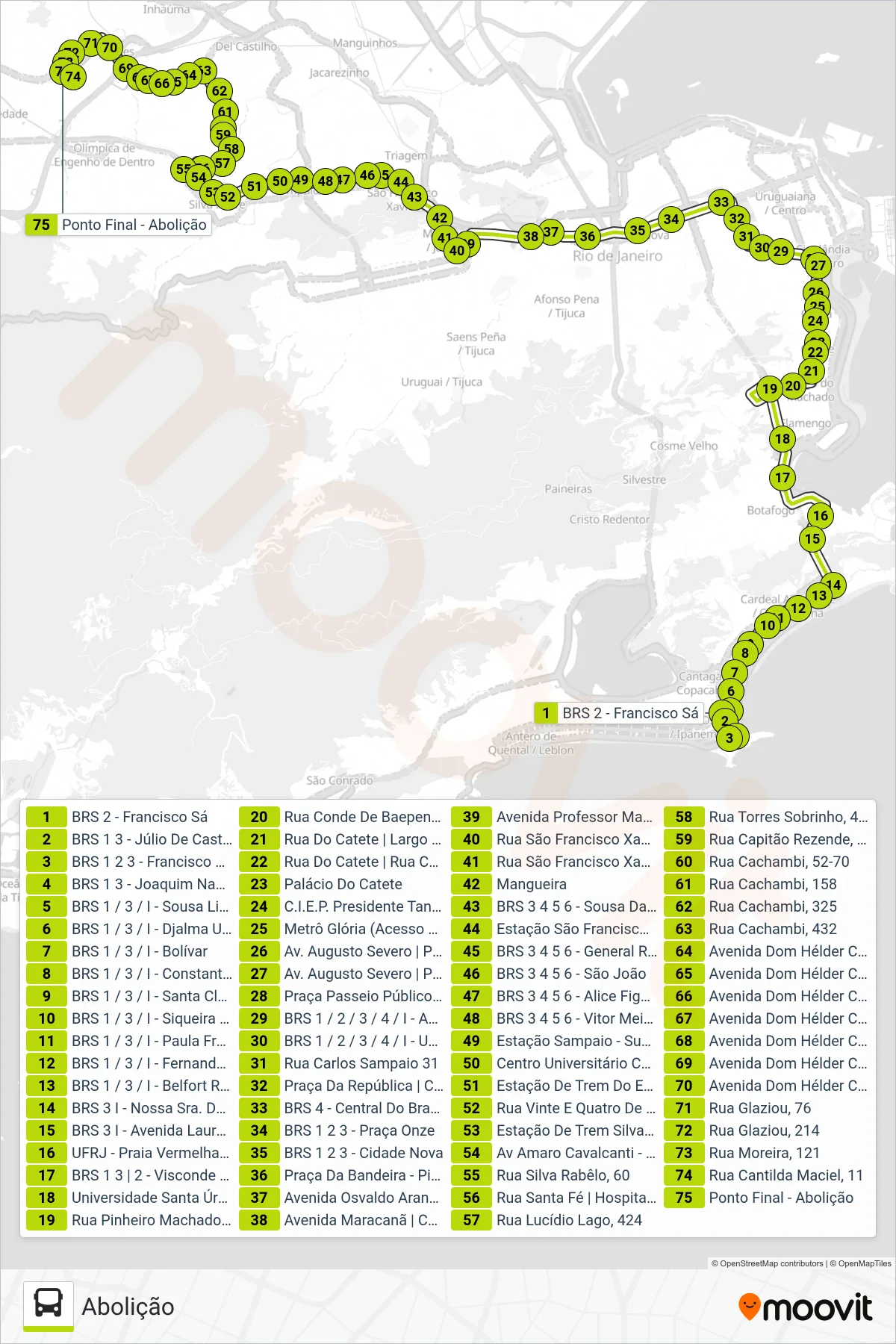 Rota e paradas da linha de ônibus SN 457 (Abolição) no mapa