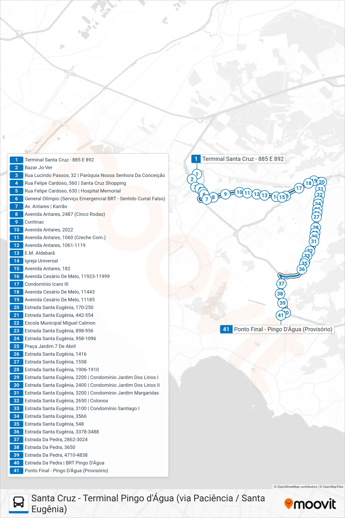 Rota e paradas da linha de ônibus SN 897 (Pingo D'Água) no mapa