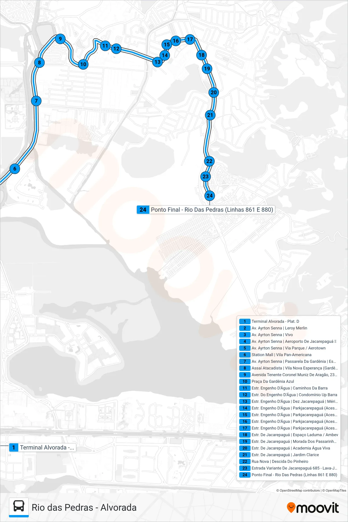 Rota e paradas da linha de ônibus SN 880 (Rio Das Pedras) no mapa