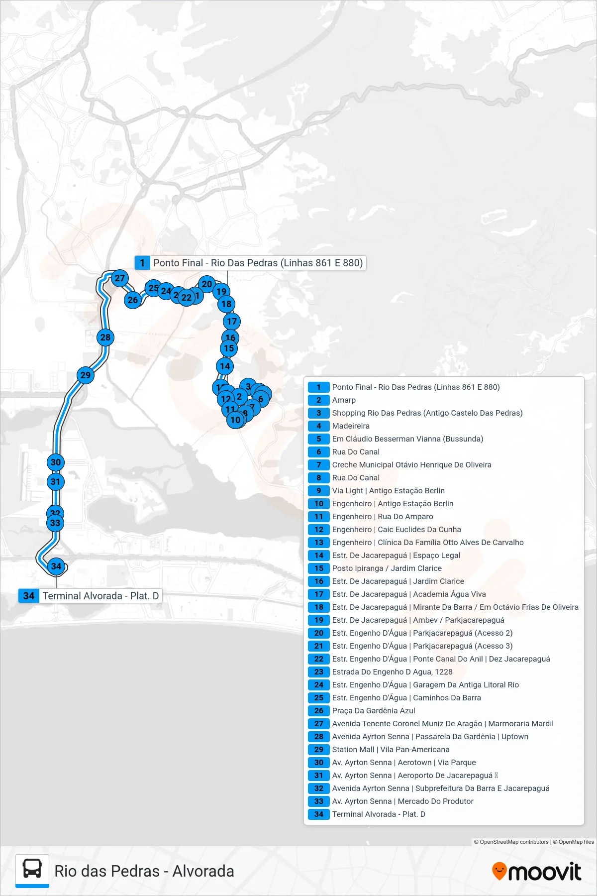 SN 880 bus Line (Alvorada) route and stops on a map