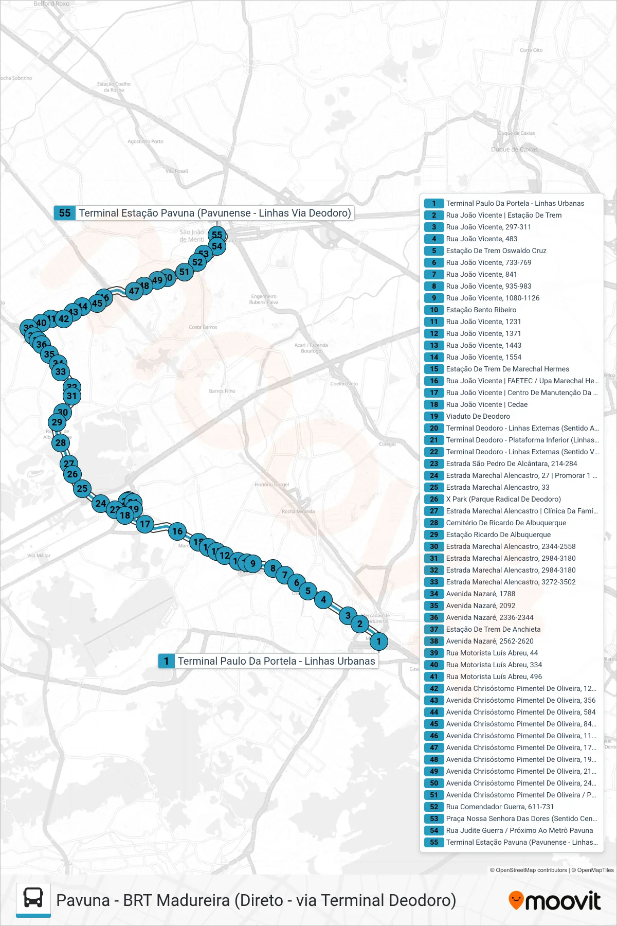 SN 779 bus Line (Pavuna) route and stops on a map