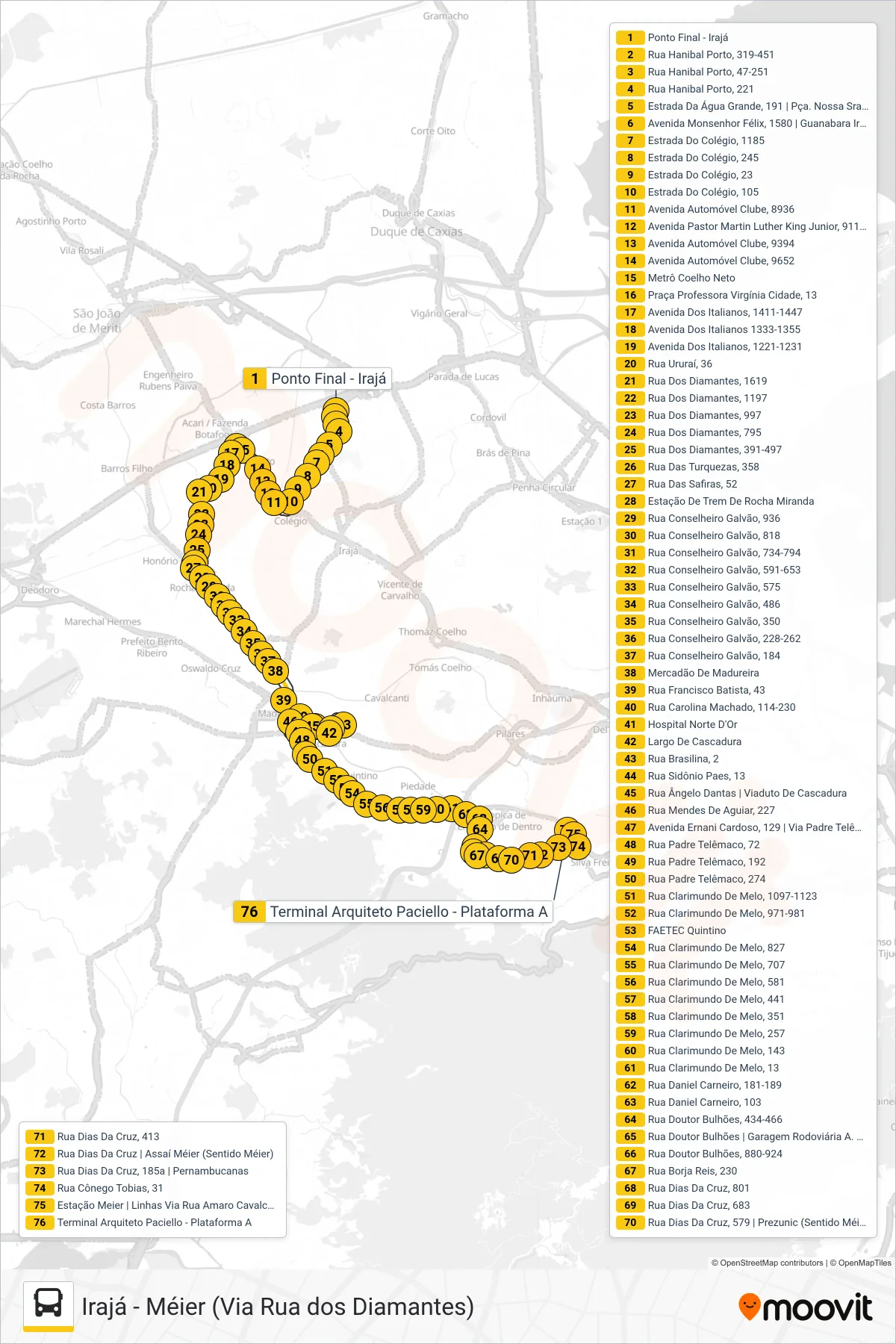 Rota e paradas da linha de ônibus SN 685 (Méier) no mapa