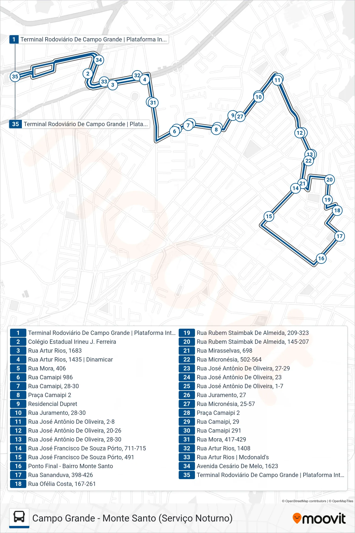 Rota e paradas da linha de ônibus SN 848 (Campo Grande - Monte Santo (Circular)) no mapa