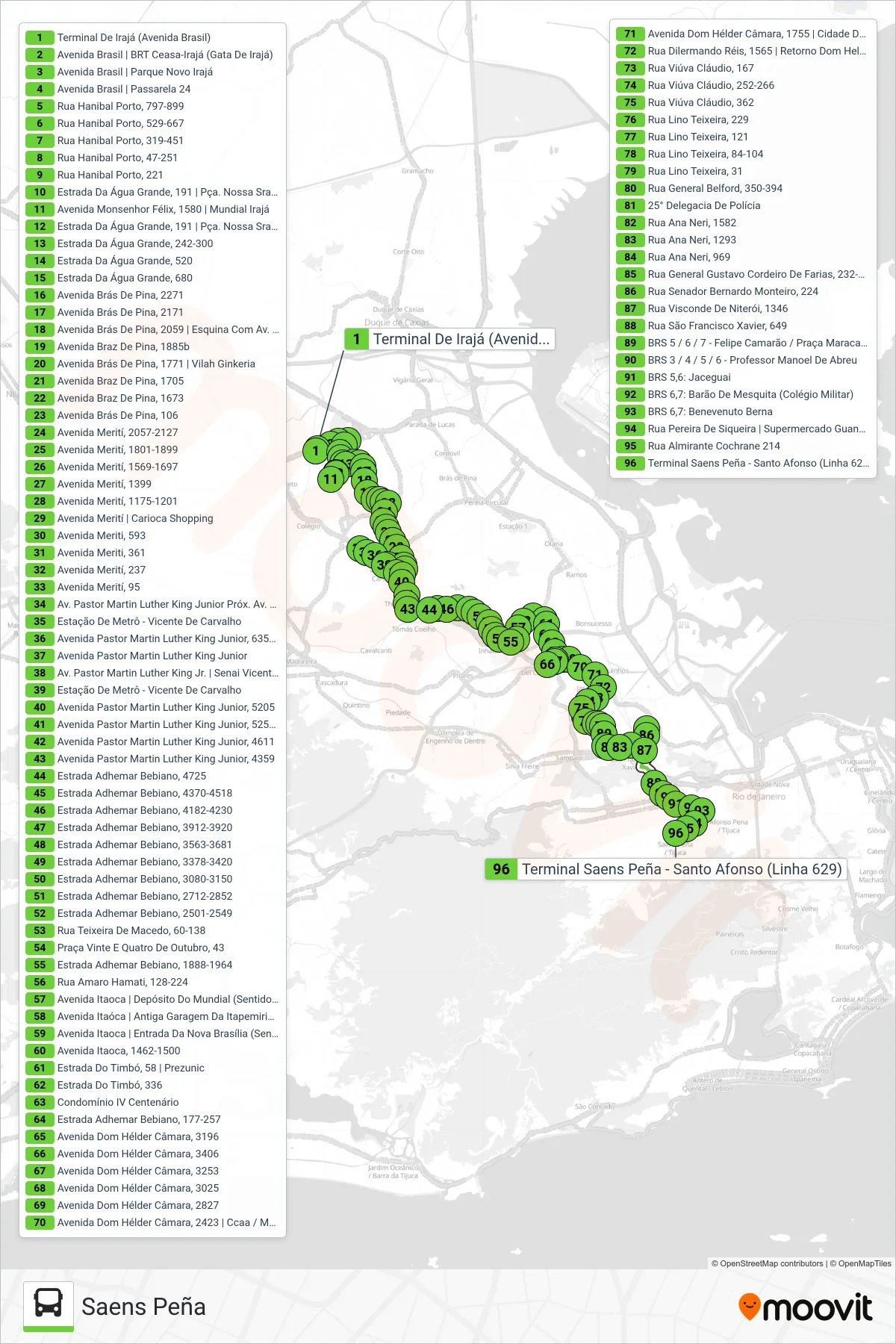 Rota e paradas da linha de ônibus SN 629 (Saens Peña) no mapa