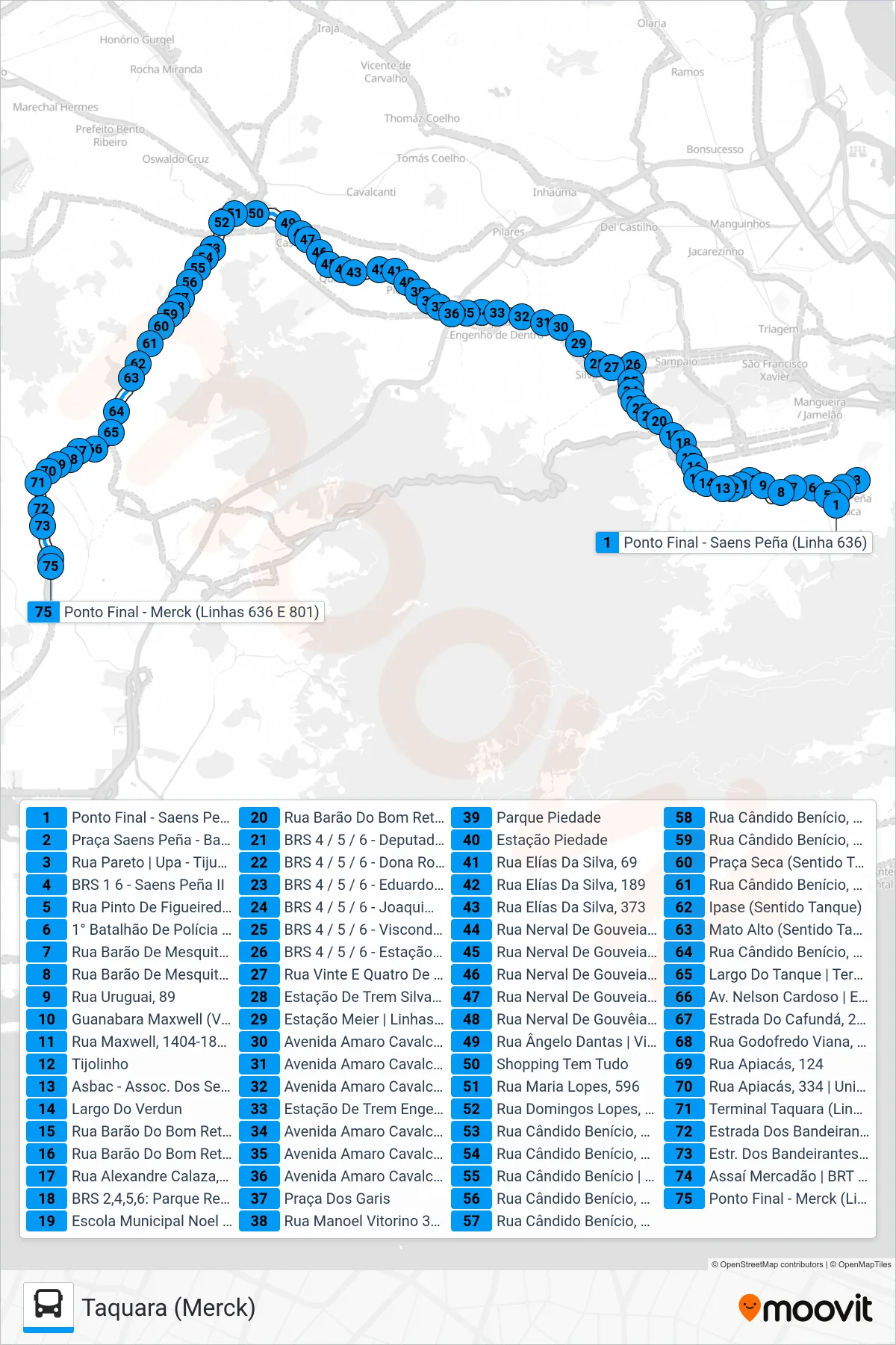 Rota e paradas da linha de ônibus SN 636 (Taquara (Merck)) no mapa