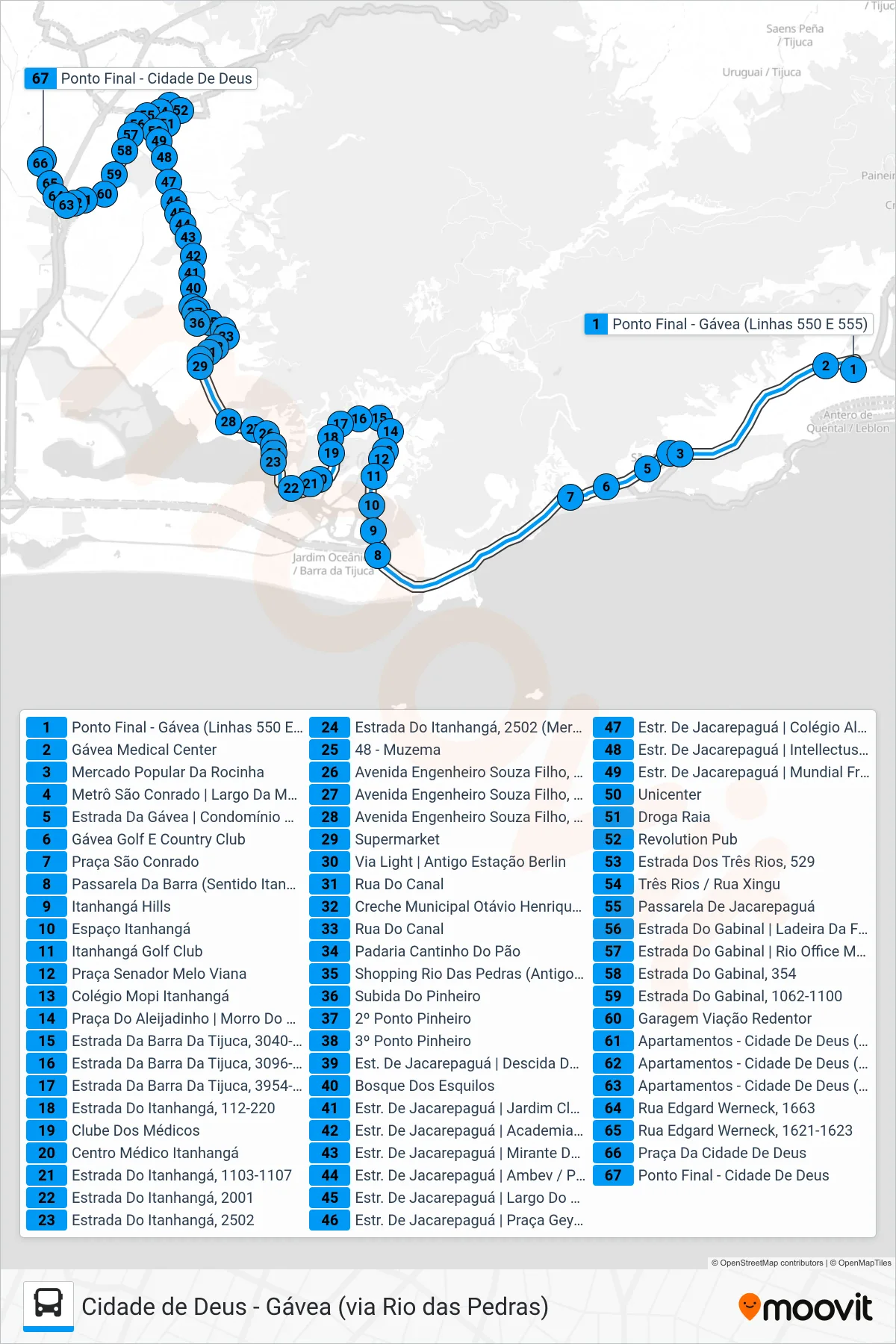 SN 550 bus Line (Cidade De Deus) route and stops on a map