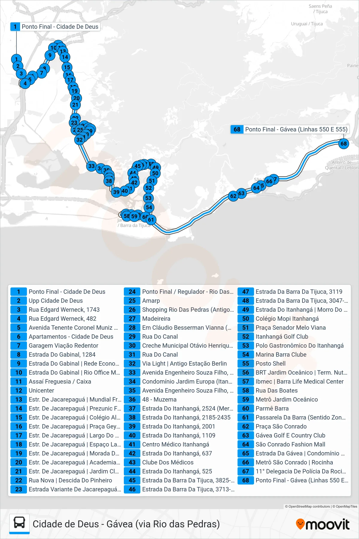 Rota e paradas da linha de ônibus SN 550 (Gávea) no mapa