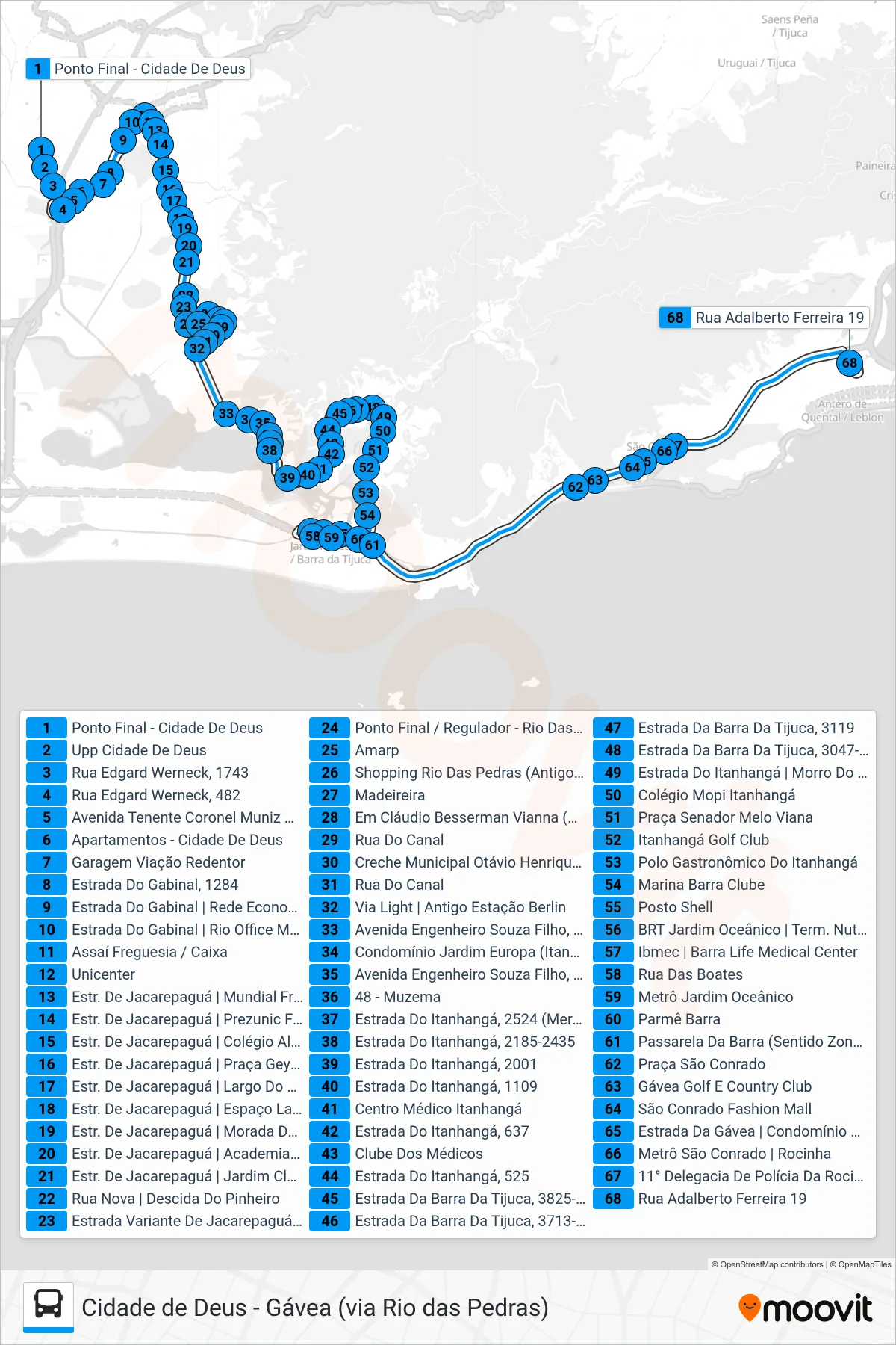 Rota e paradas da linha de ônibus SN 550 (Gávea (Feira Livre)) no mapa