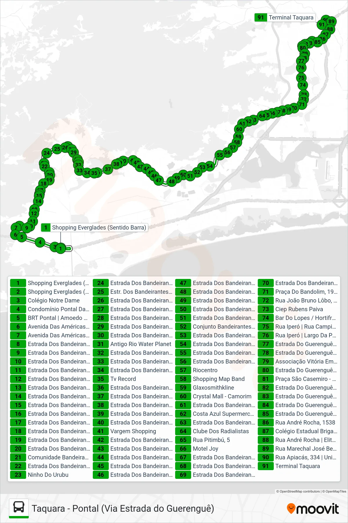 Rota e paradas da linha de ônibus SN 810 (Taquara) no mapa