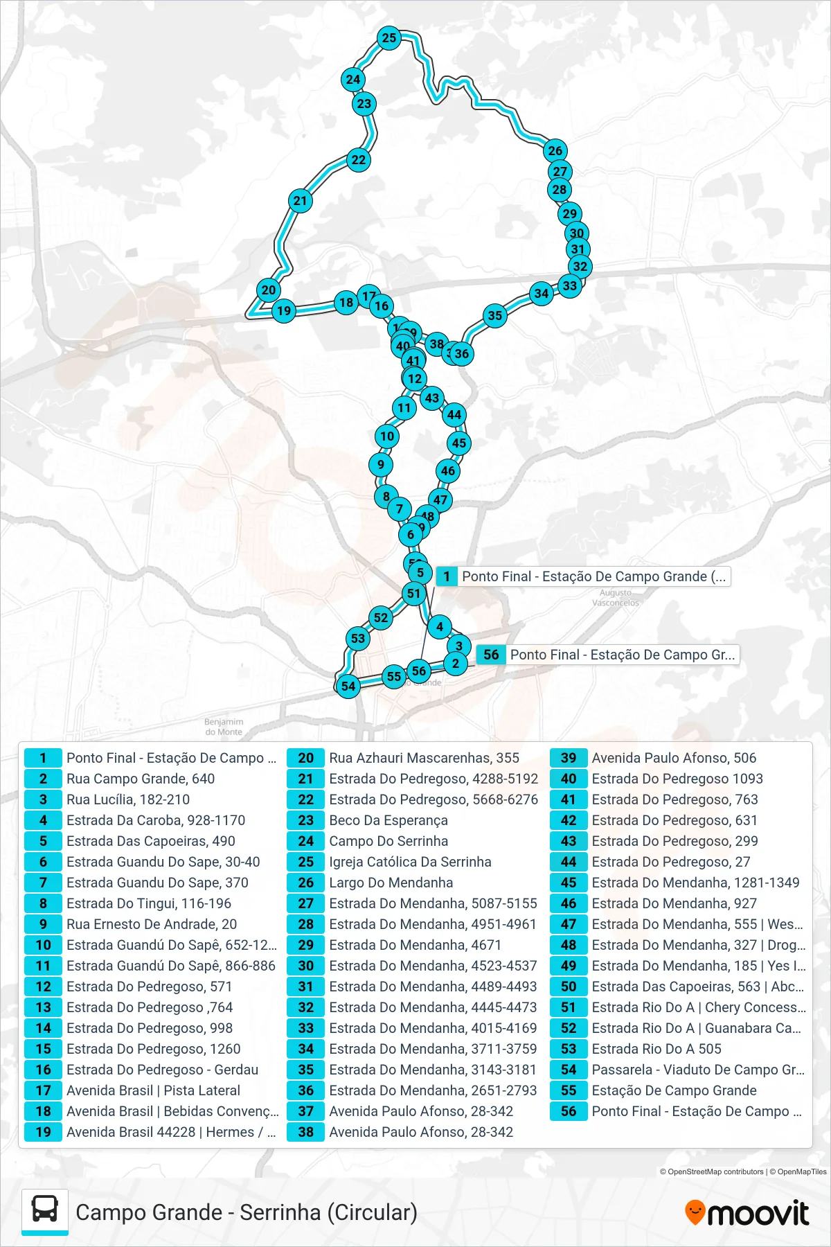 Rota e paradas da linha de ônibus SN 895 (Campo Grande ↔ Serrinha (via Distrito Industrial / Mendanha)) no mapa