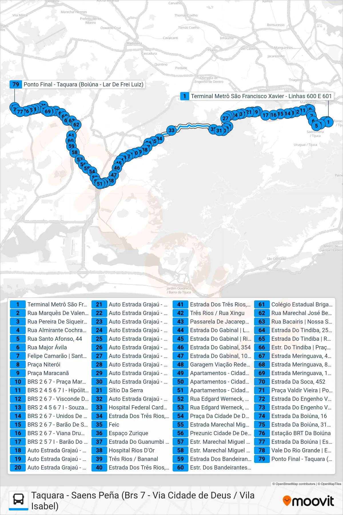 SN 600 bus Line (Taquara (Boiúna)) route and stops on a map