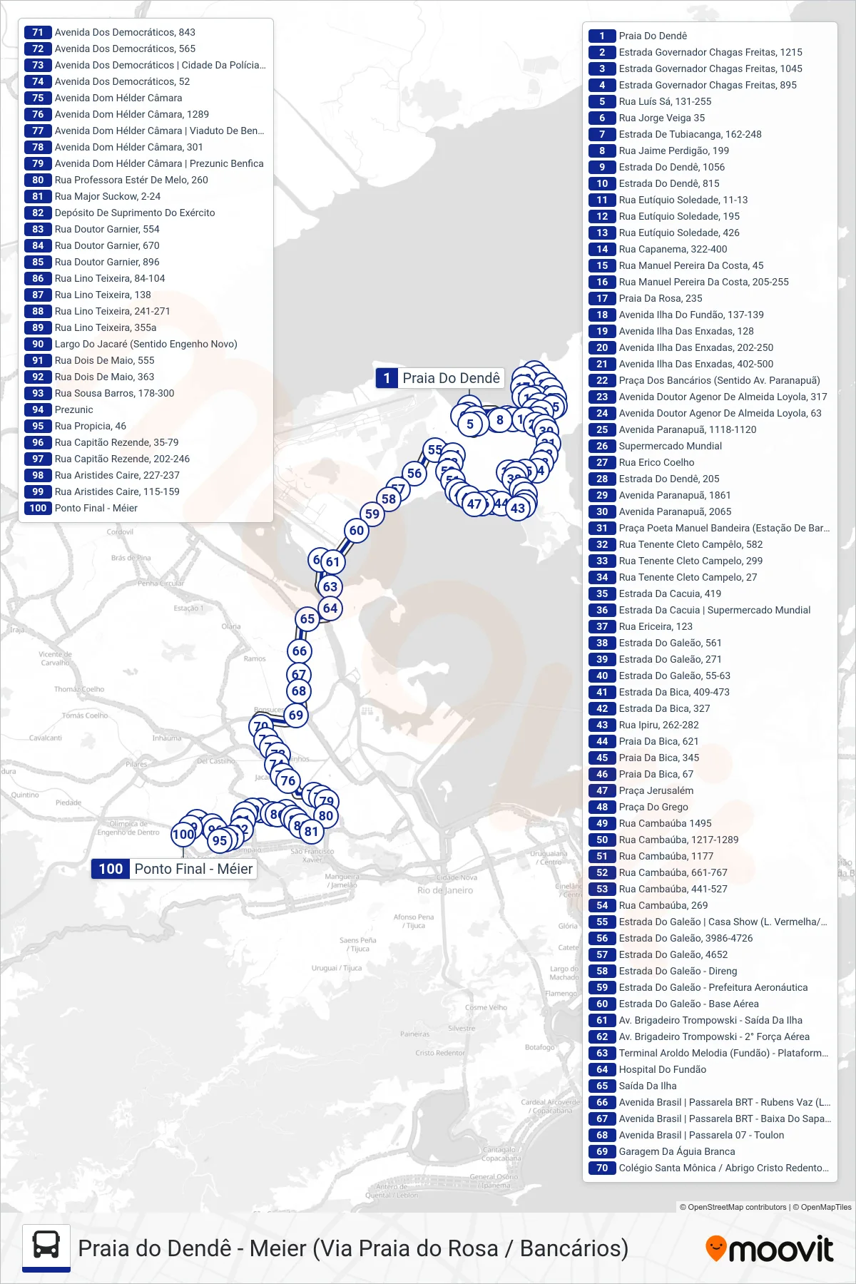 Rota e paradas da linha de ônibus SN 696 (Meier) no mapa