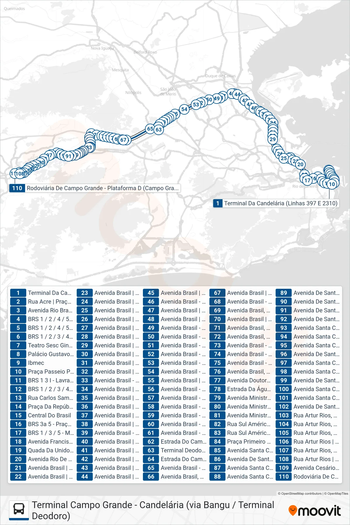 Rota e paradas da linha de ônibus SN 397 (Campo Grande (via Lapa)) no mapa