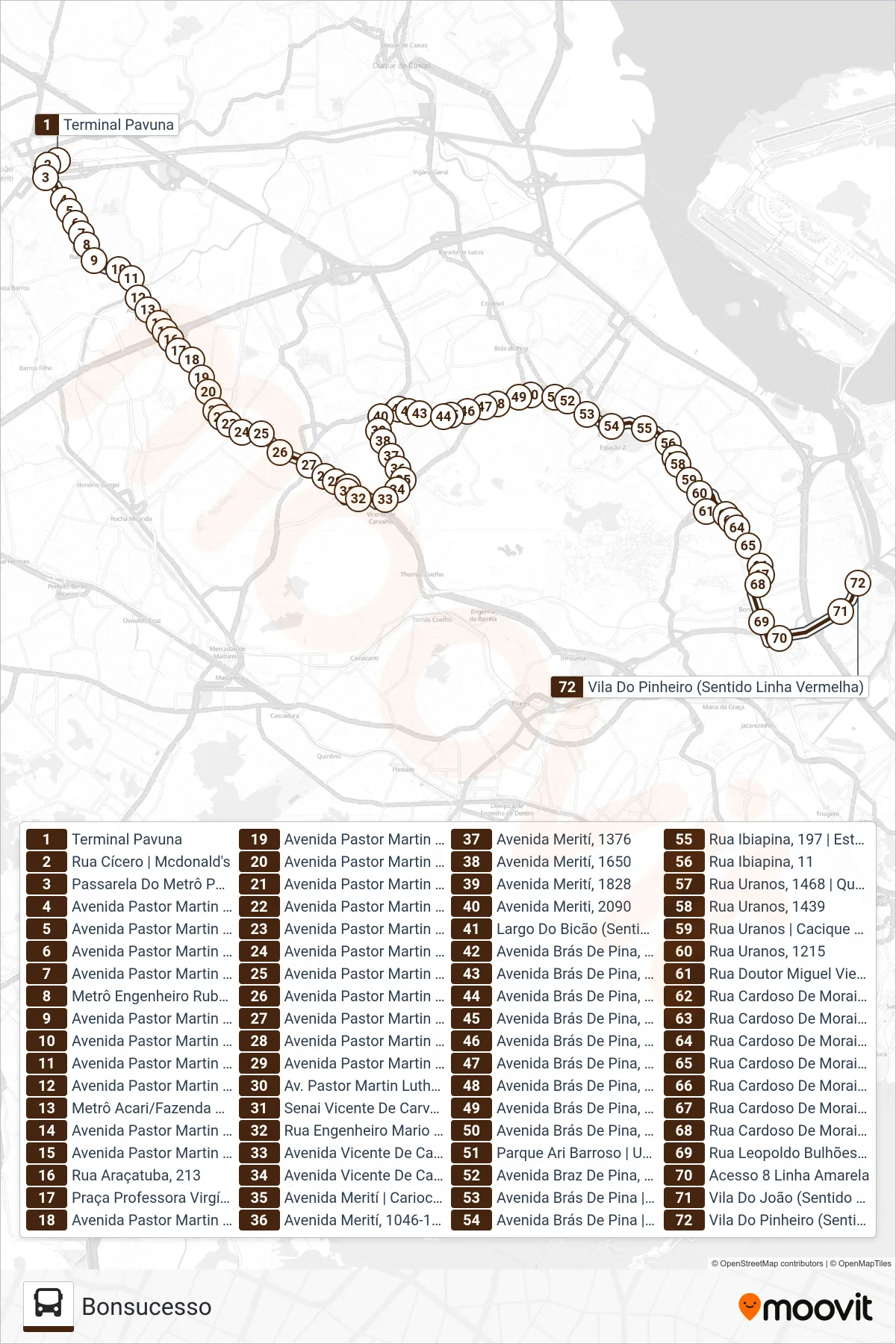 Rota e paradas da linha de ônibus SN 919 (Bonsucesso) no mapa