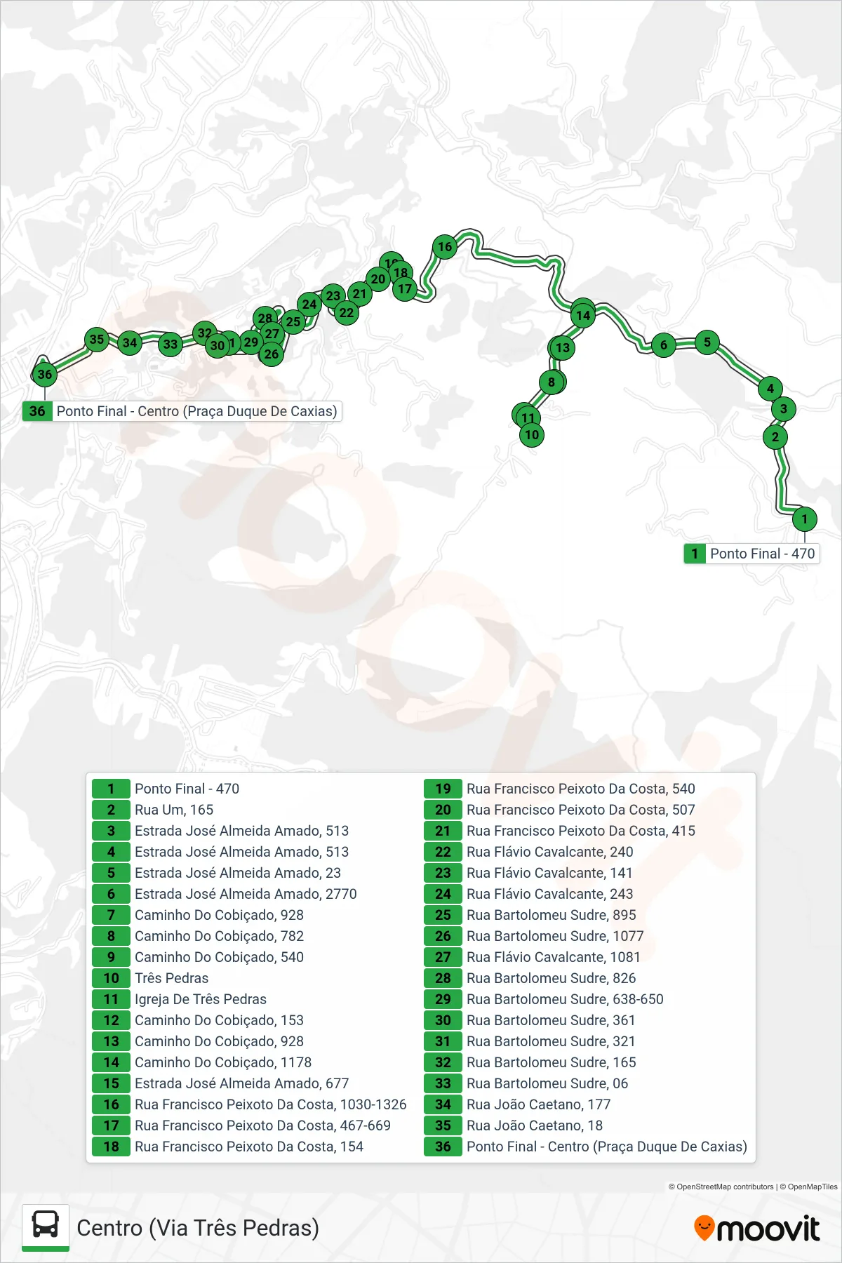 Rota e paradas da linha de ônibus 194 (Centro (Via Três Pedras)) no mapa
