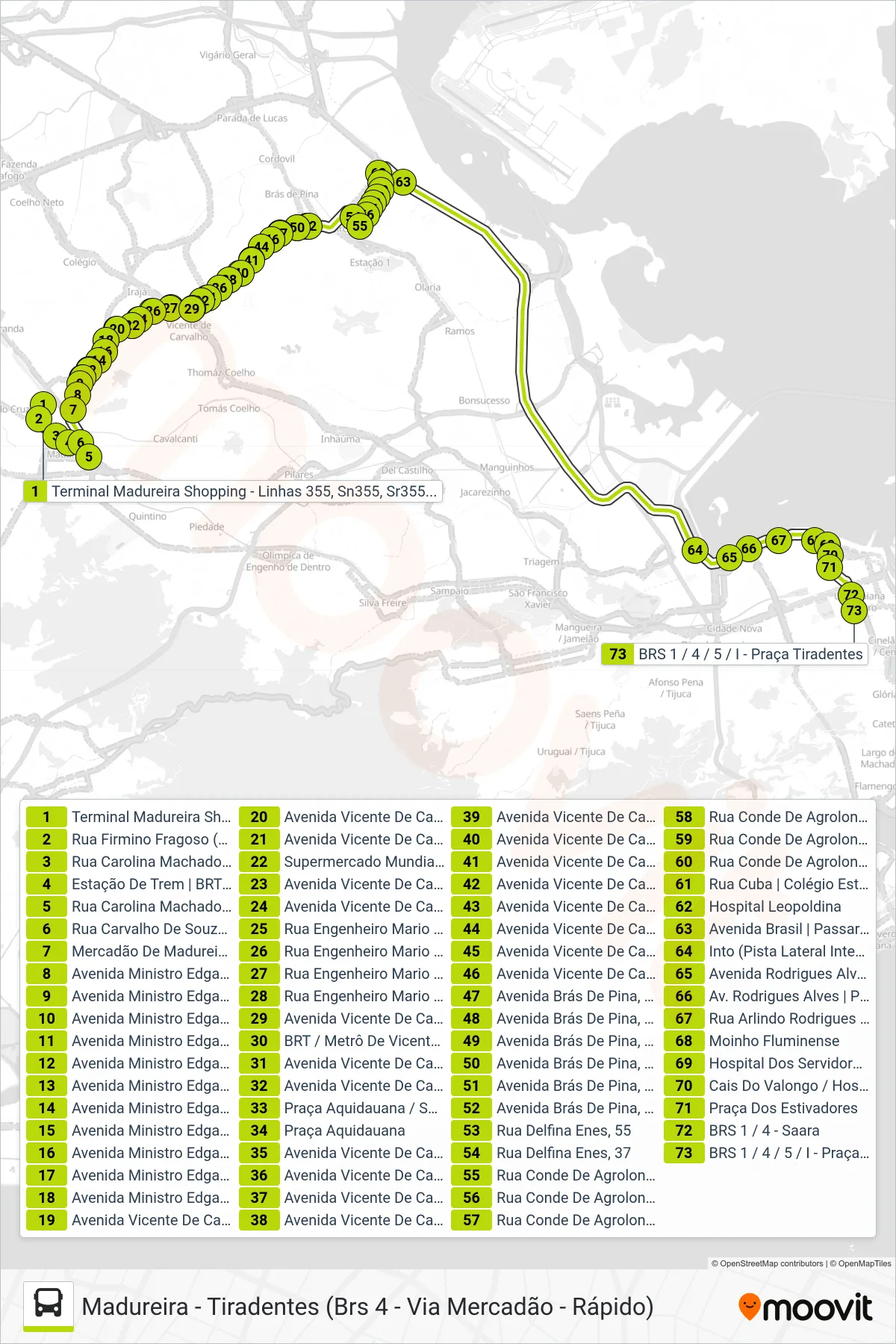 Rota e paradas da linha de ônibus  SR 355  (Tiradentes (Circular)) no mapa