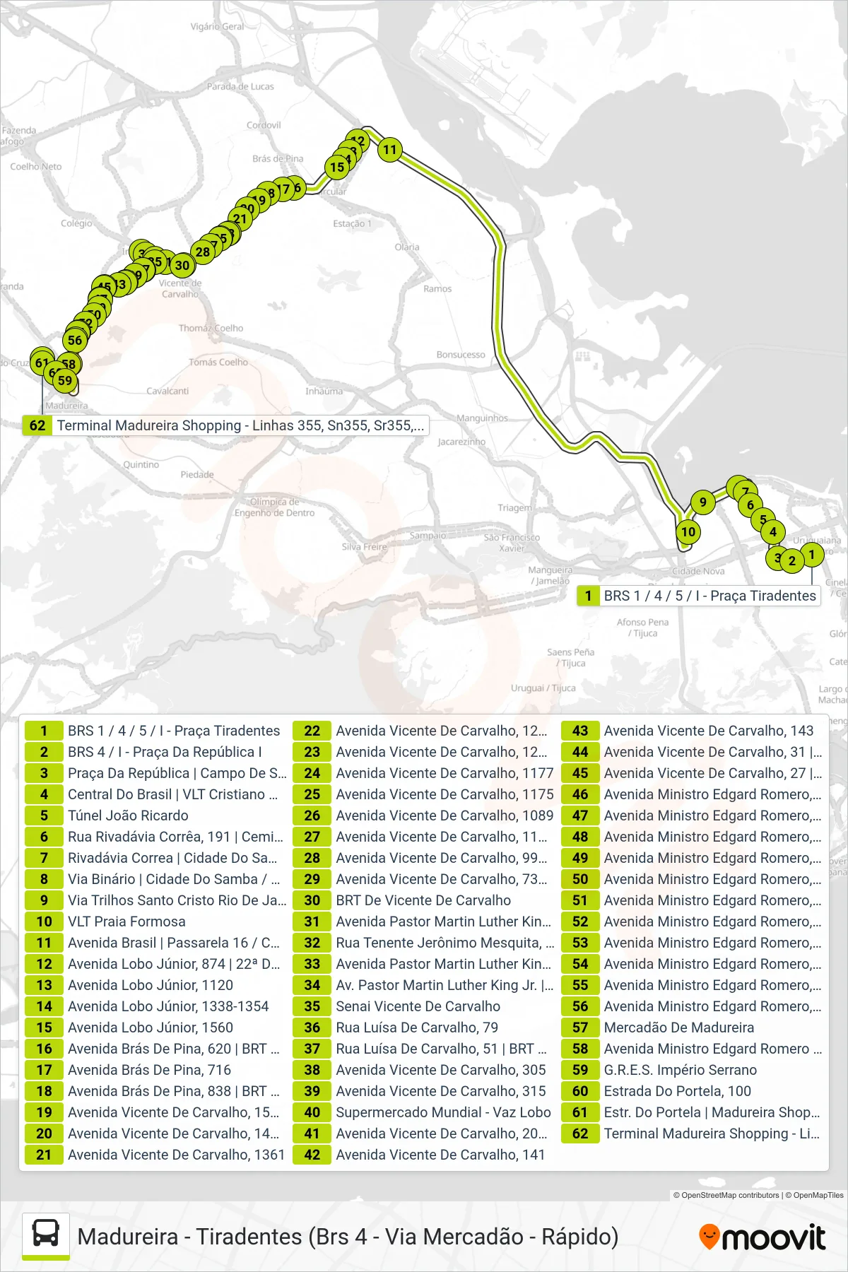 Rota e paradas da linha de ônibus SR 355 (Madureira) no mapa