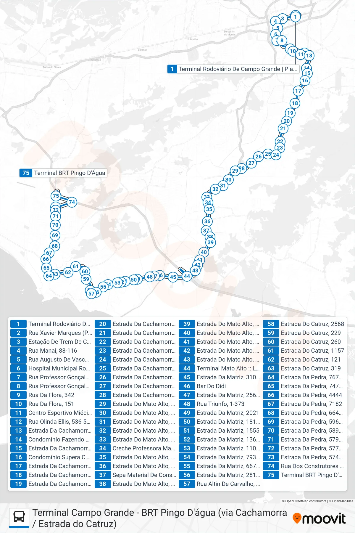 Rota e paradas da linha de ônibus SN 857 (Term. Pingo D'Água) no mapa