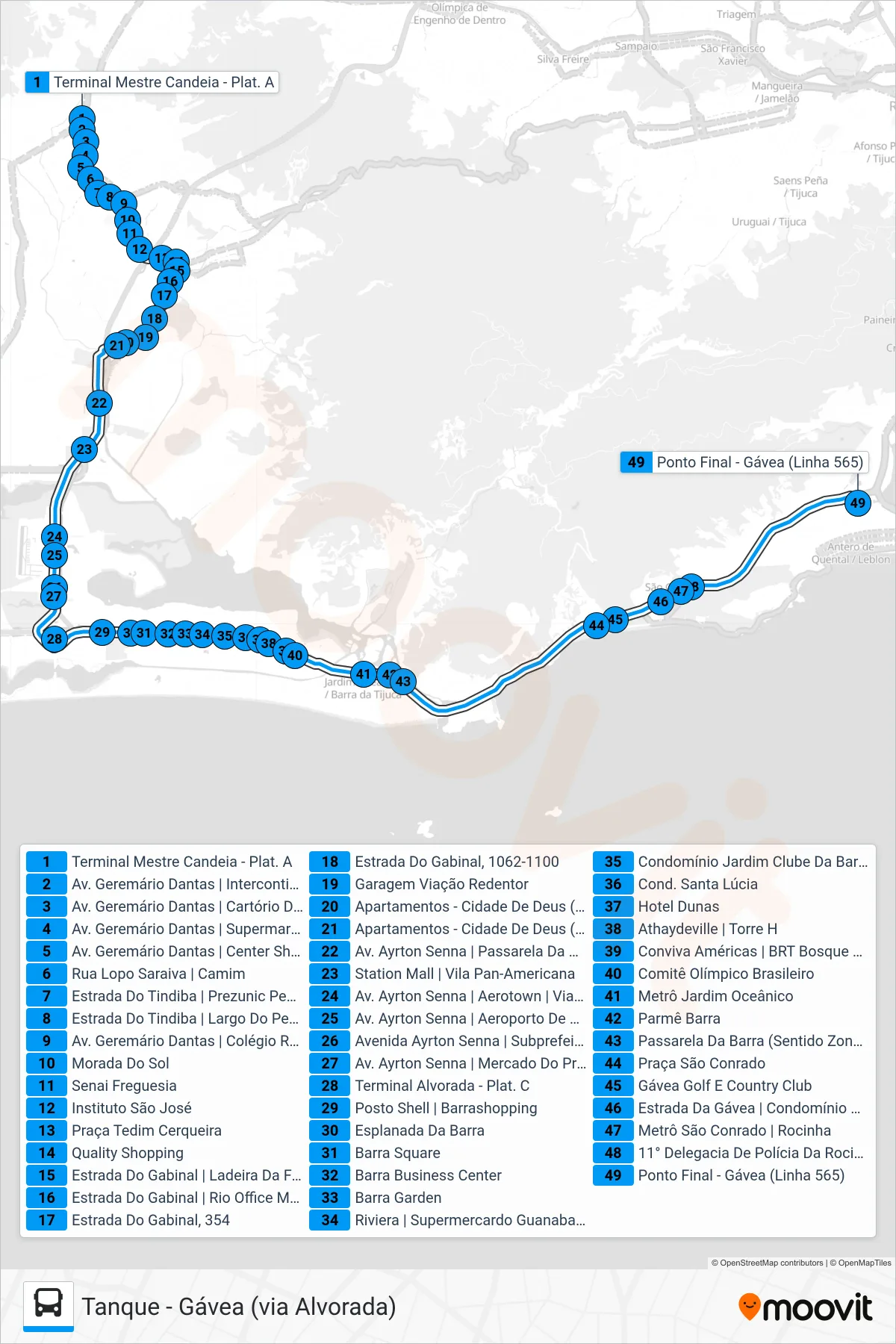 Rota e paradas da linha de ônibus SN 565 (Gávea) no mapa