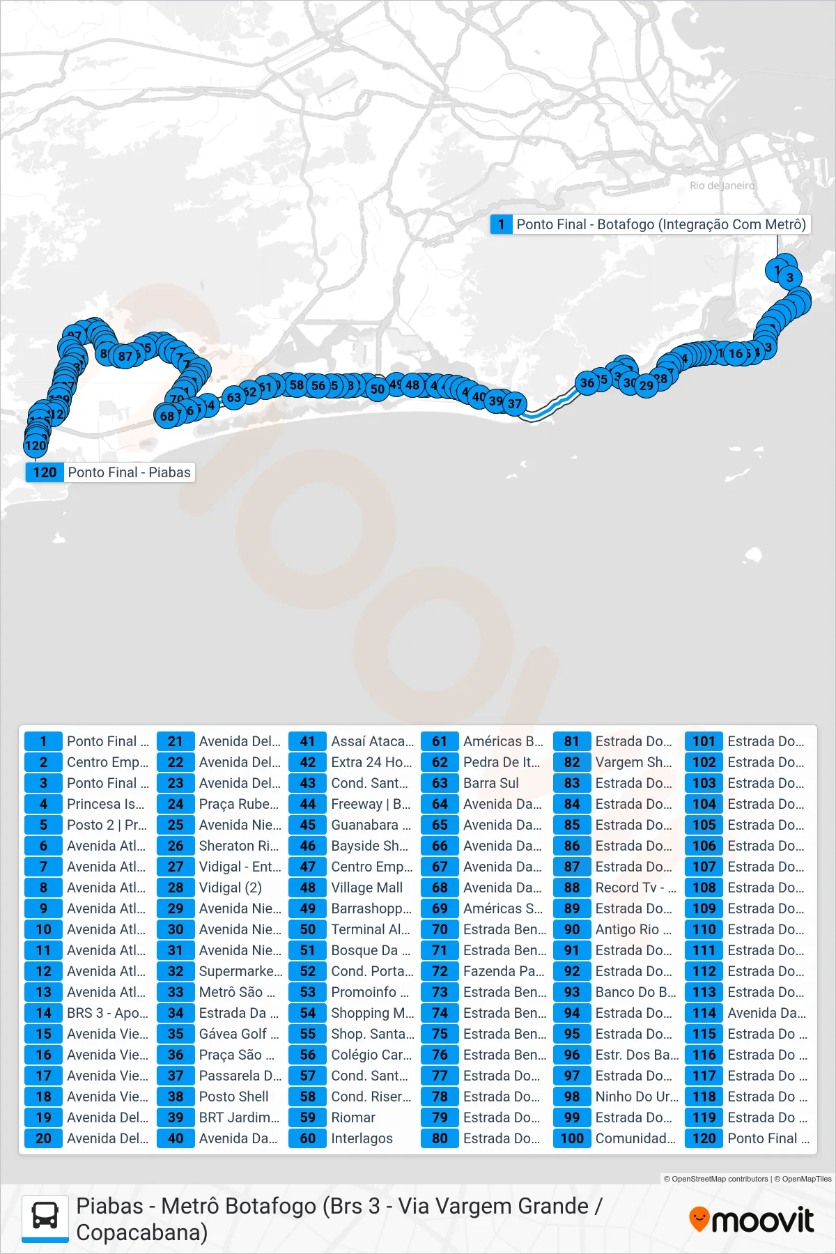 Rota e paradas da linha de ônibus SN 554 (Piabas) no mapa