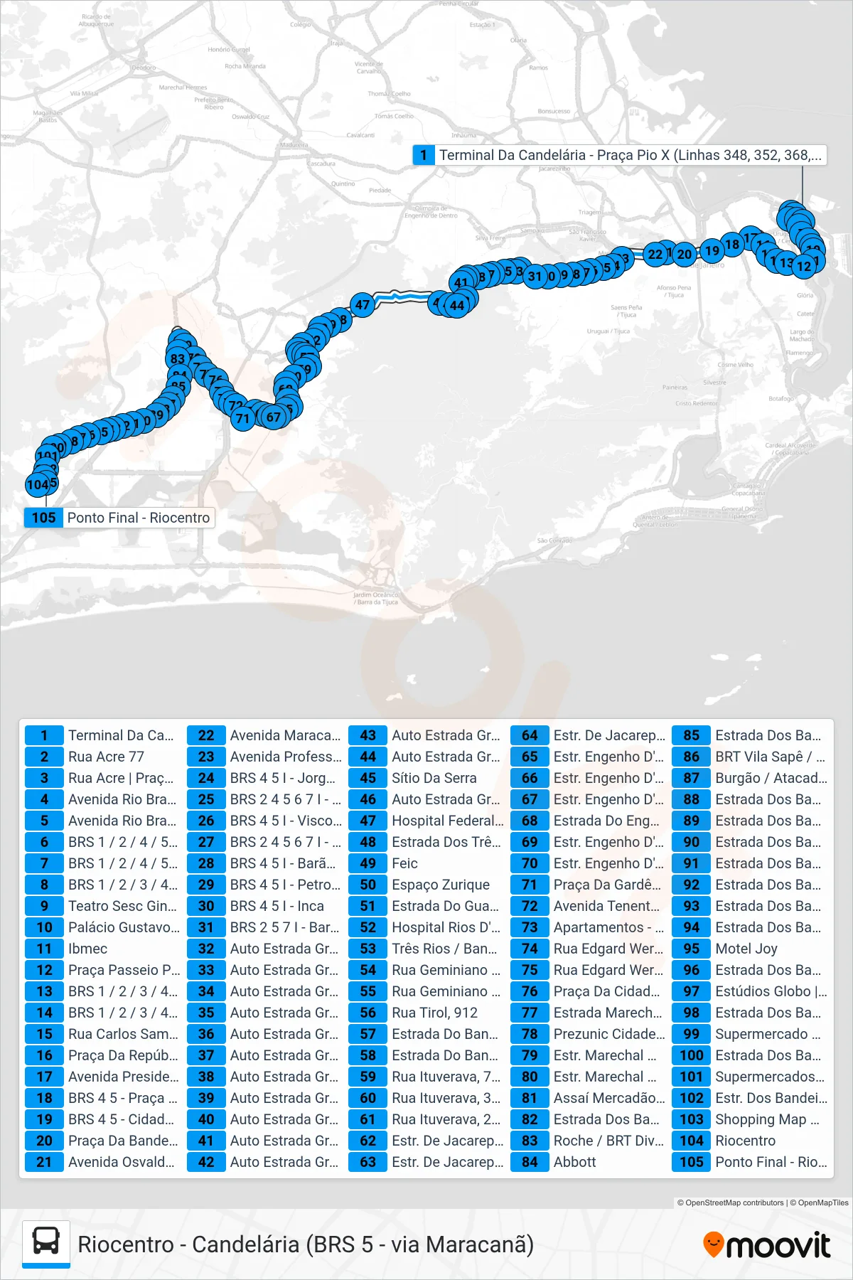 Rota e paradas da linha de ônibus SN 368 (Riocentro) no mapa