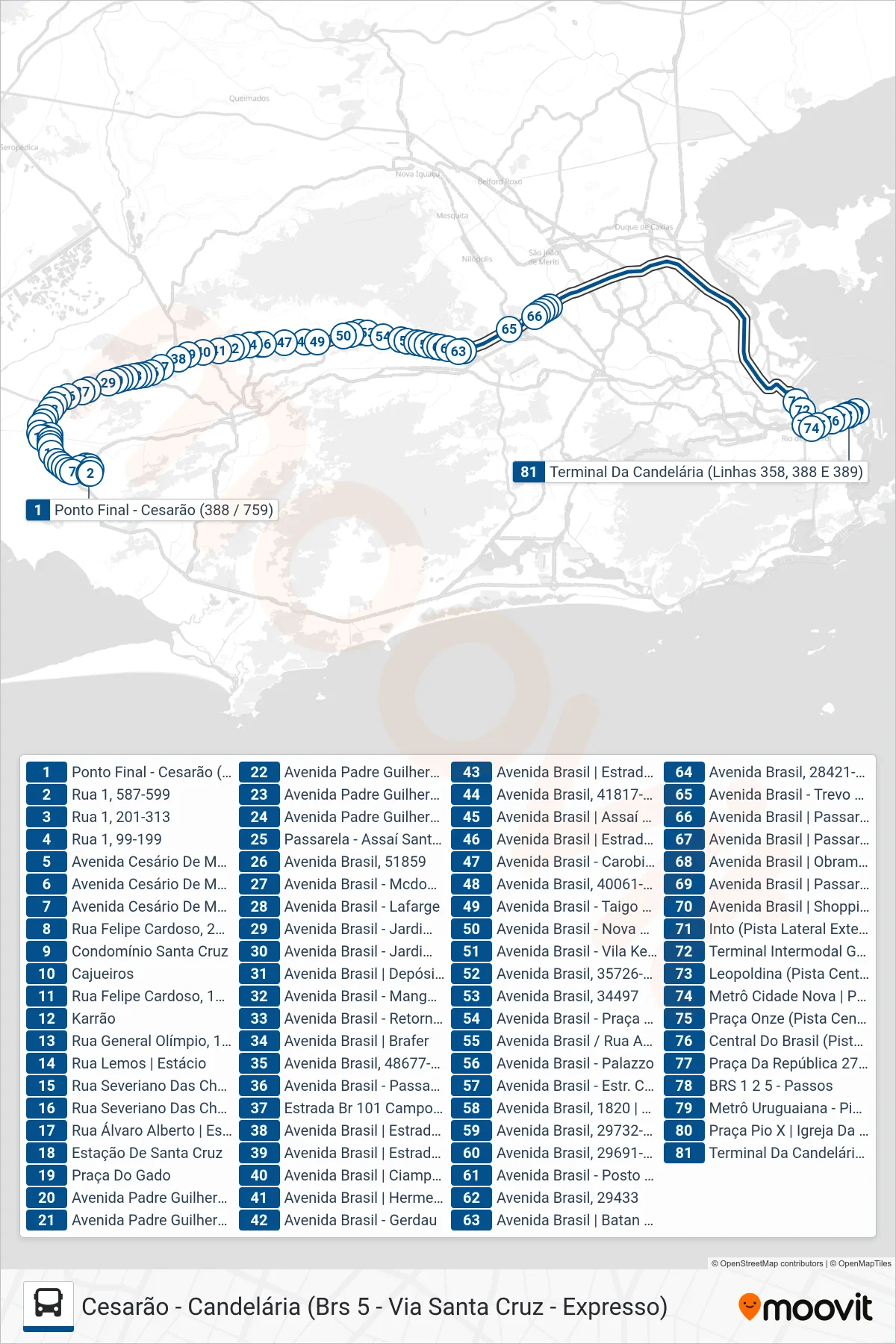 Rota e paradas da linha de ônibus SR 388 (Candelária) no mapa