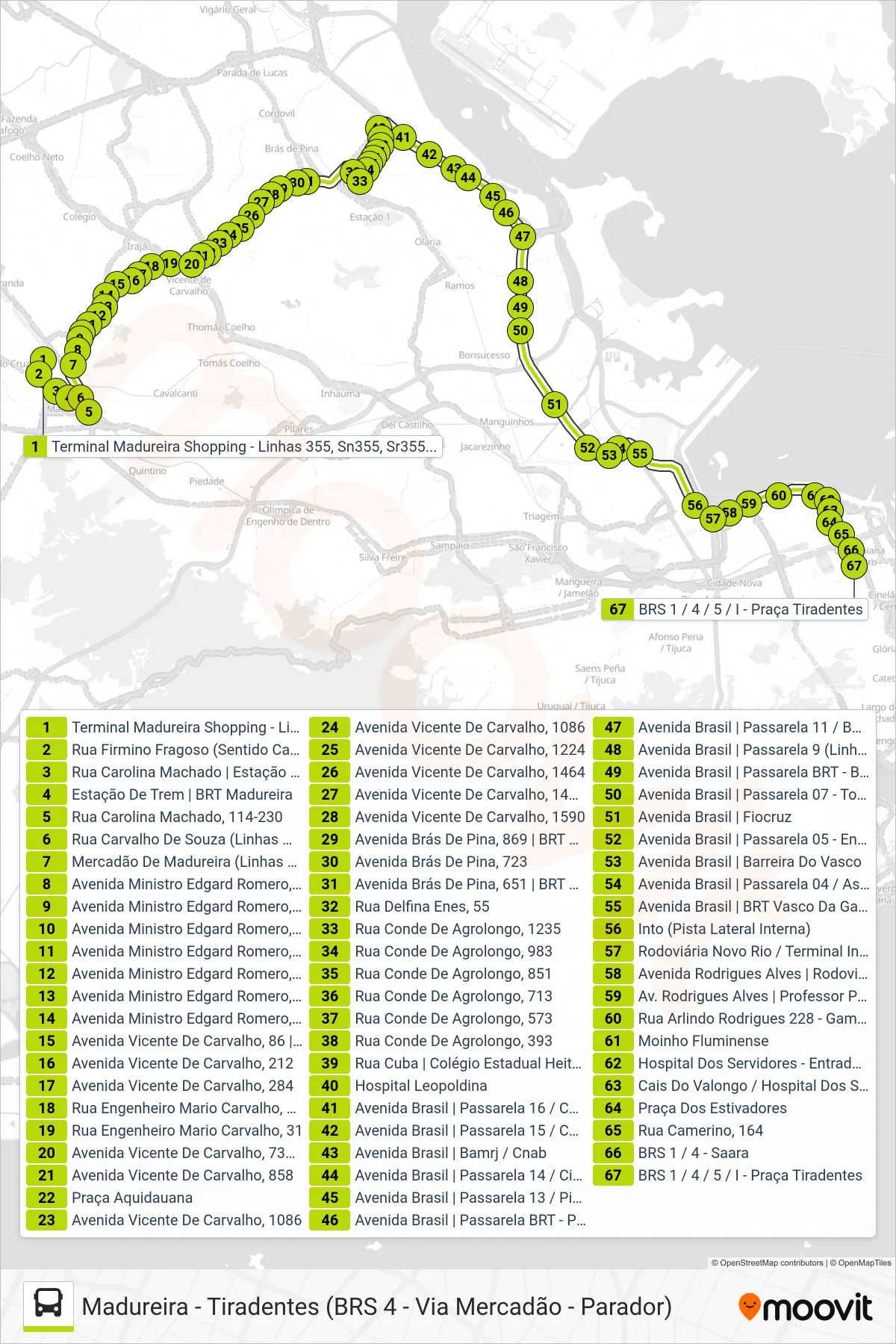 Rota e paradas da linha de ônibus SN 355 (Tiradentes (Circular)) no mapa