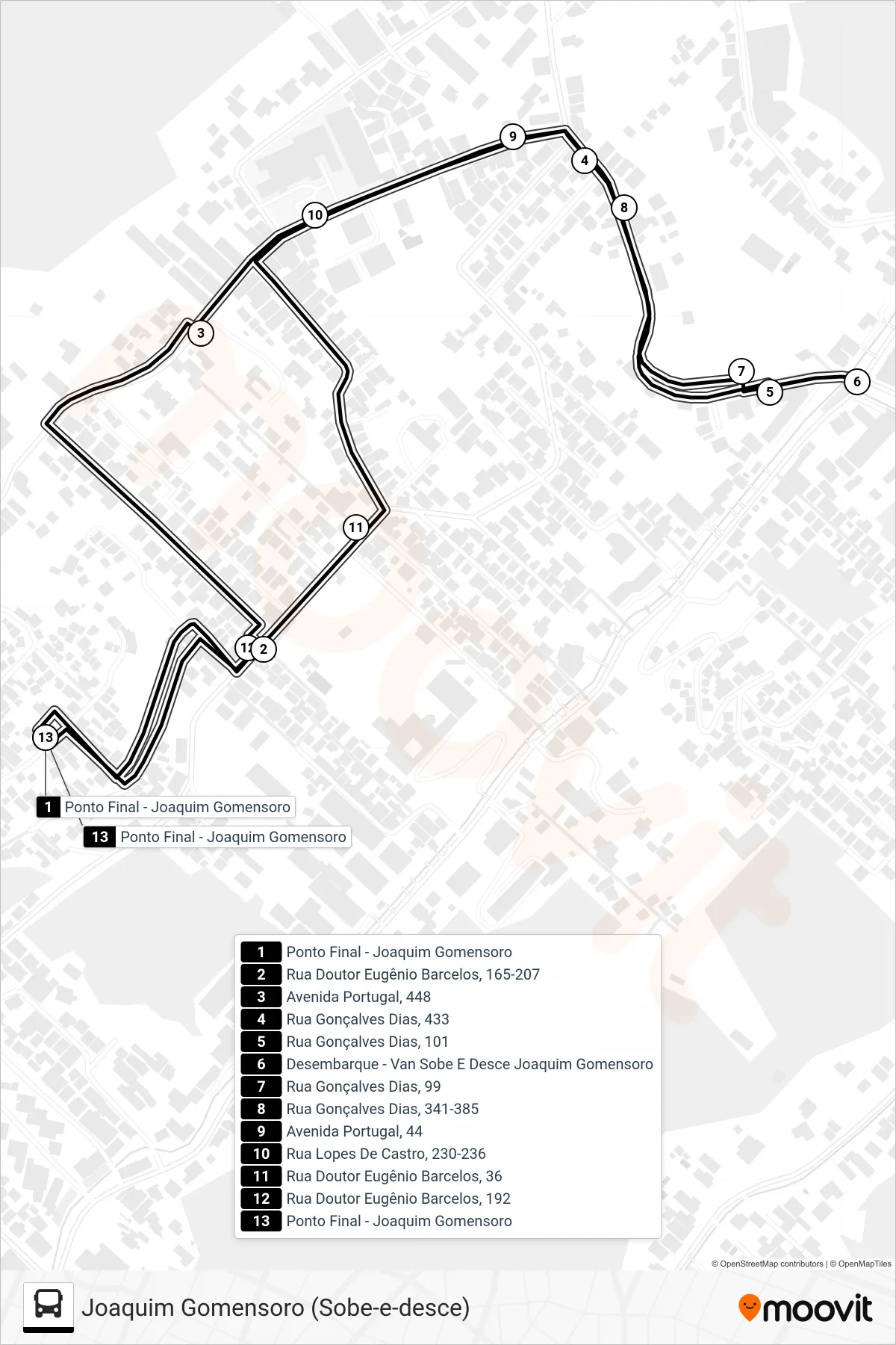 Rota e paradas da linha de ônibus VAN (Joaquim Gomensoro (Sobe-e-desce)) no mapa