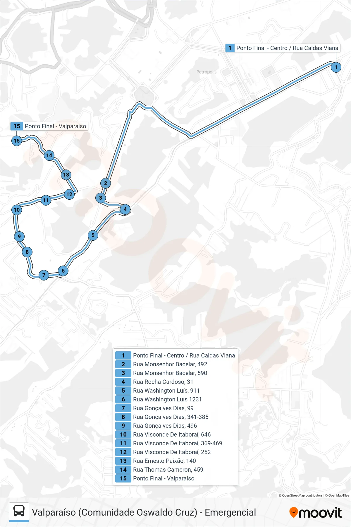 Rota e paradas da linha de ônibus 335 (Valparaíso) no mapa