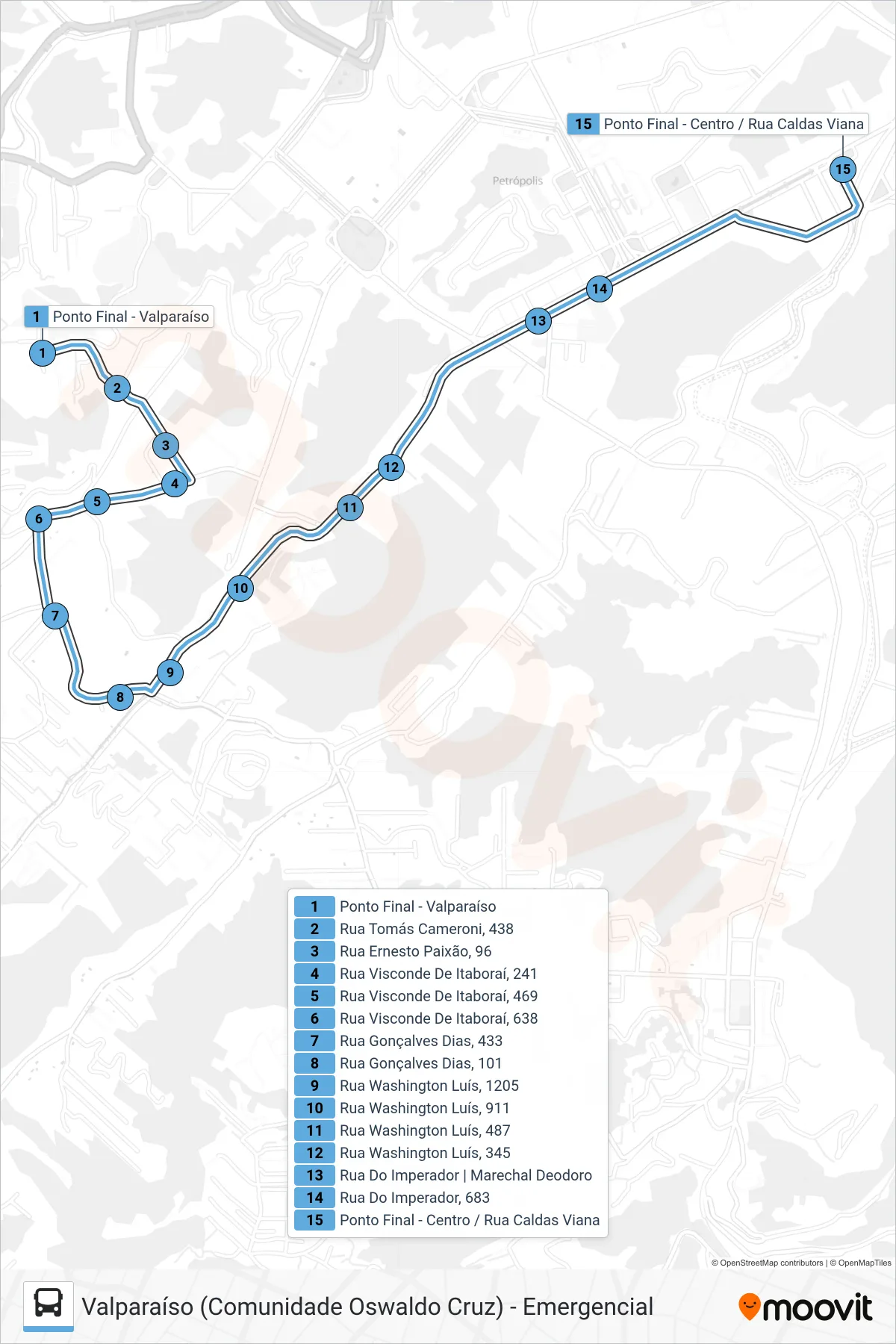 Rota e paradas da linha de ônibus 335 (Centro) no mapa