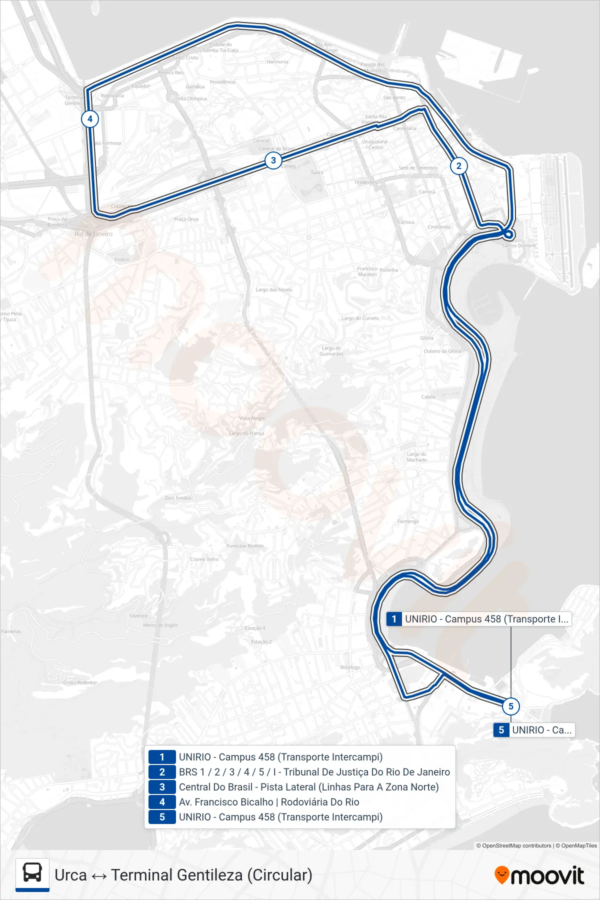 Rota e paradas da linha de ônibus INTERCAMPI 5 (Urca ↔ Terminal Gentileza (Circular)) no mapa