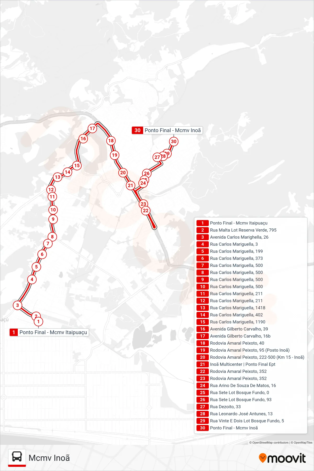 Rota e paradas da linha de ônibus E26 (Mcmv Inoã) no mapa