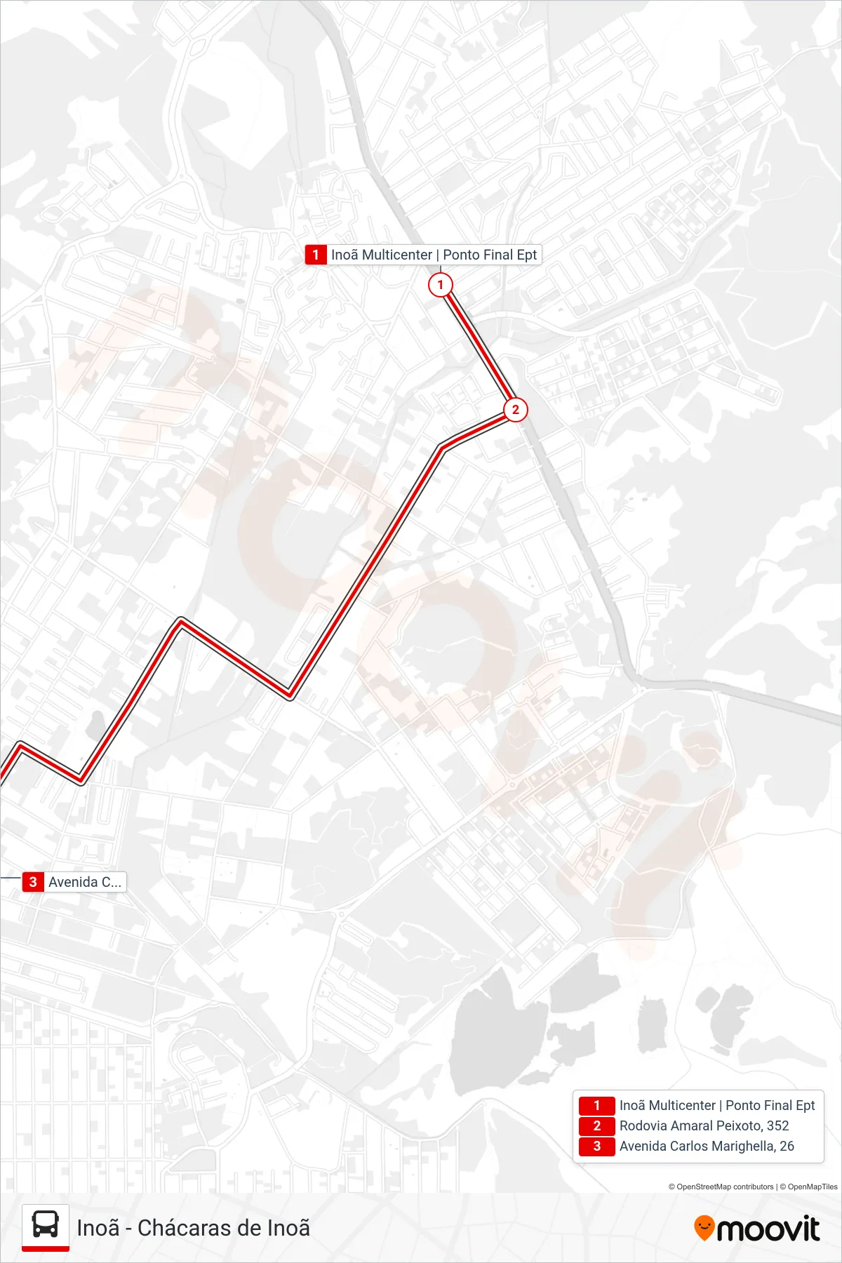 Rota e paradas da linha de ônibus E27 (Chácaras de Inoã) no mapa