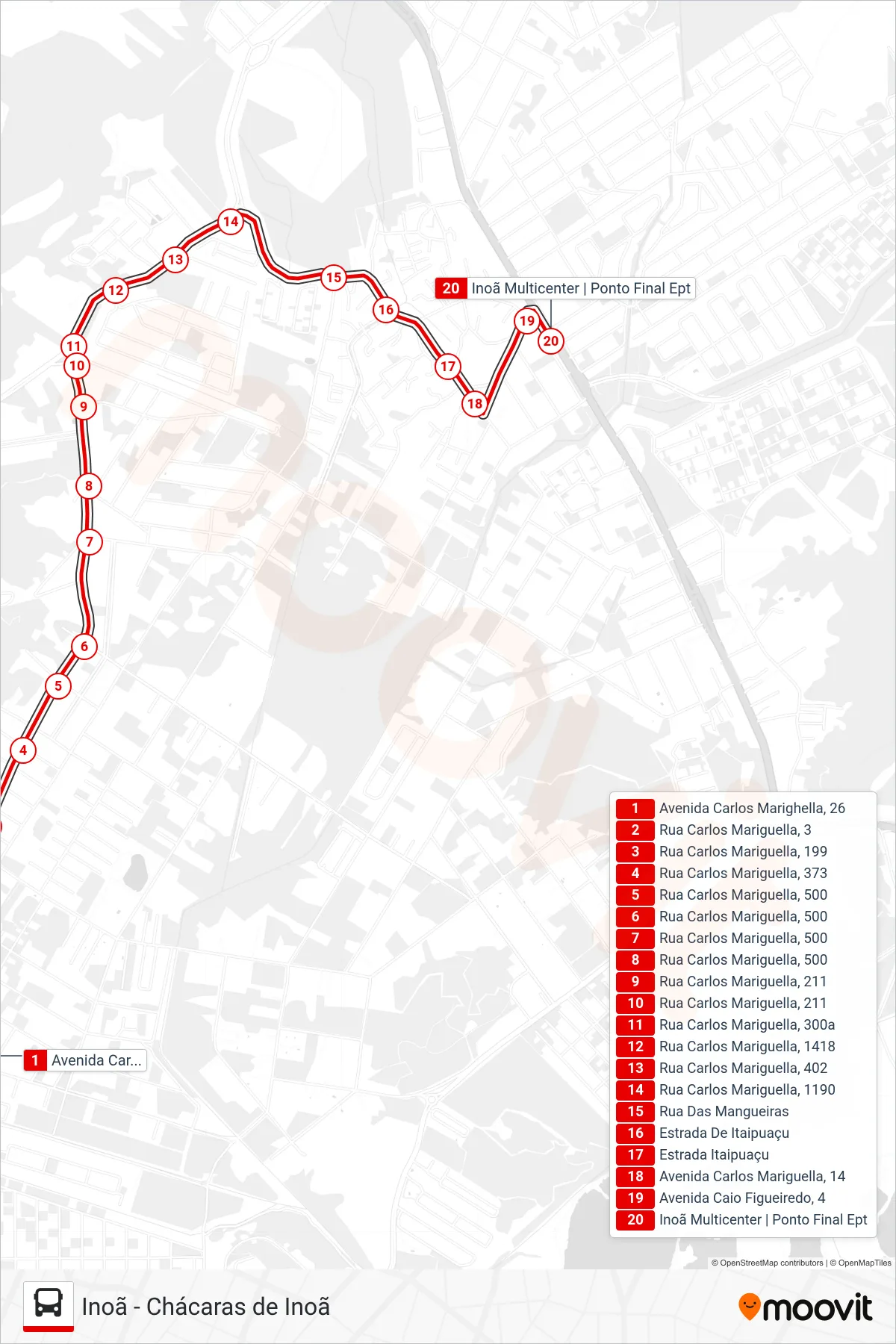 Rota e paradas da linha de ônibus E27 (Inoã) no mapa