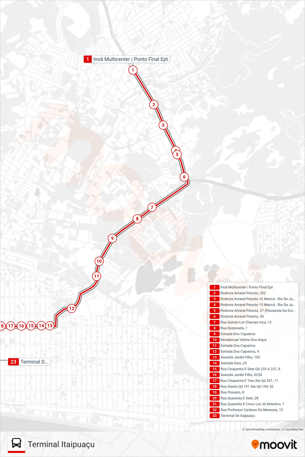 Rota e paradas da linha de ônibus E28 (Terminal Itaipuaçu) no mapa