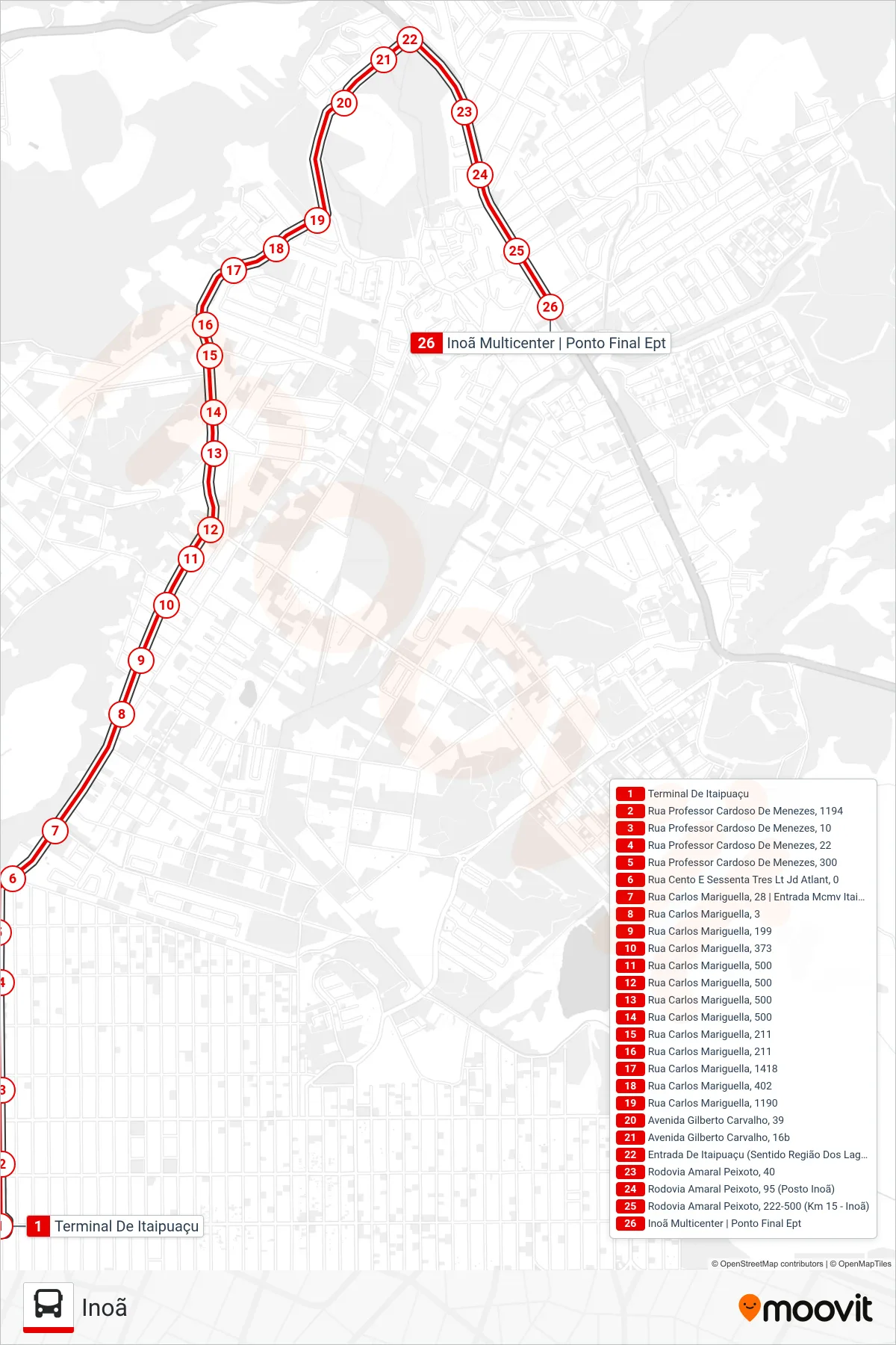 Rota e paradas da linha de ônibus E28 (Inoã) no mapa