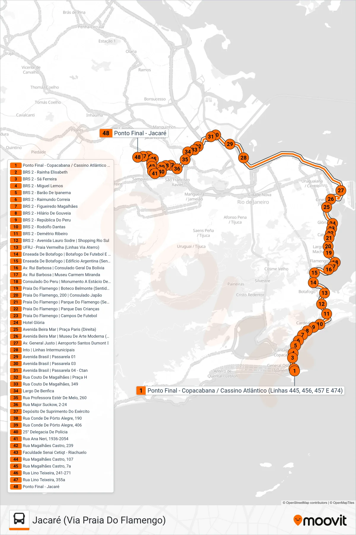 Rota e paradas da linha de ônibus SV 474 (Jacaré (Via Praia Do Flamengo)) no mapa