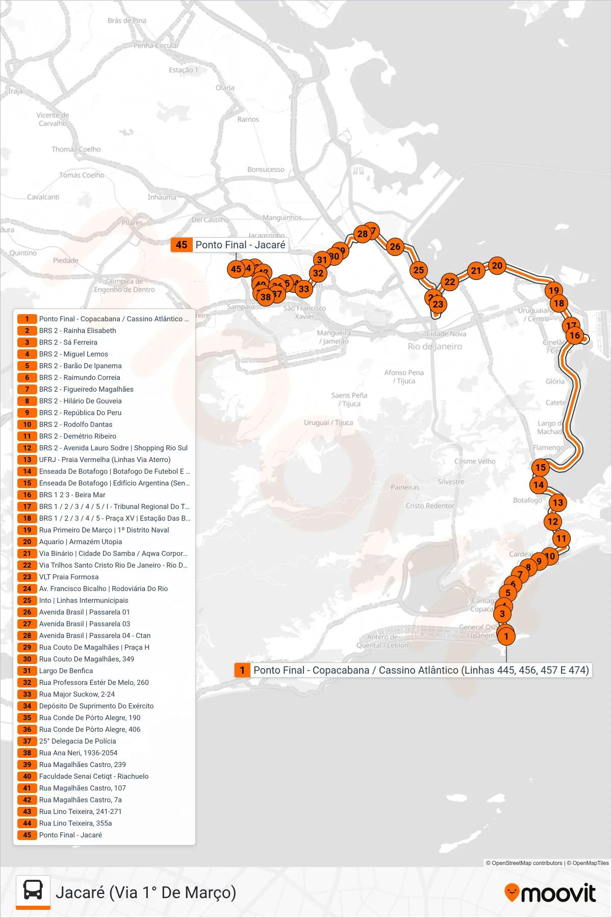 Rota e paradas da linha de ônibus SV 474 (Jacaré (Via 1° De Março)) no mapa