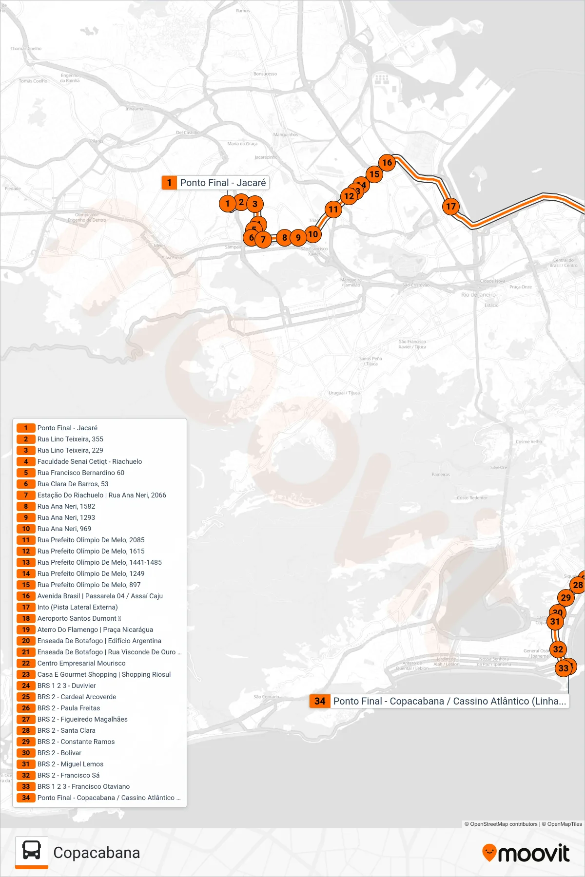 Rota e paradas da linha de ônibus SV 474 (Copacabana) no mapa