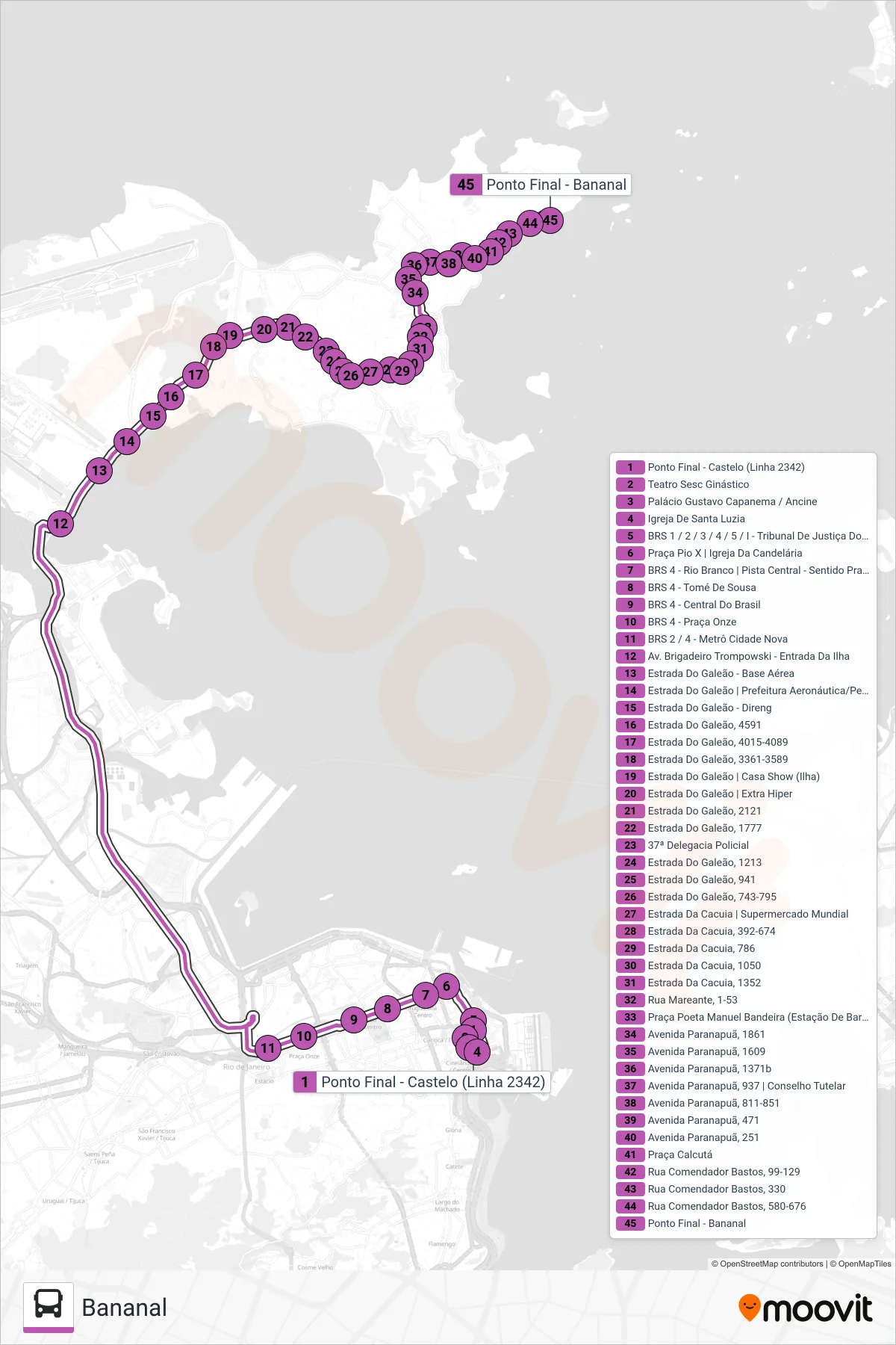 Rota e paradas da linha de ônibus 2342 (Bananal) no mapa
