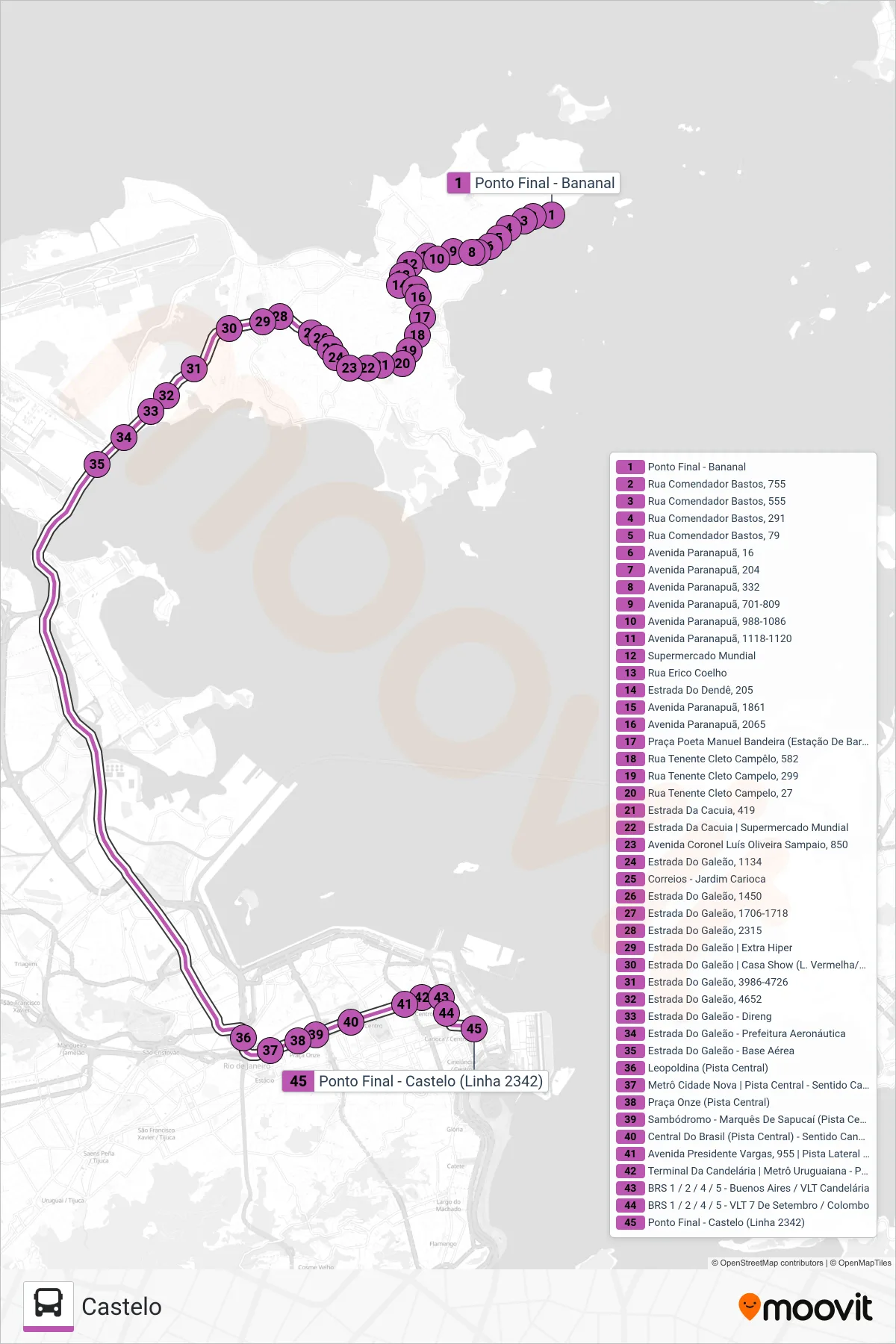 Rota e paradas da linha de ônibus 2342 (Castelo) no mapa