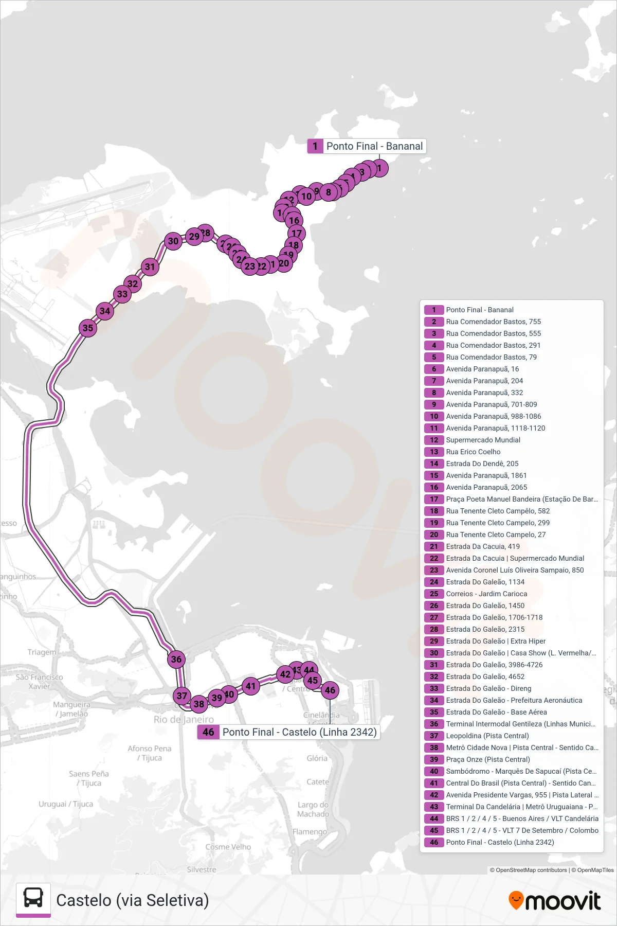 Rota e paradas da linha de ônibus 2342 (Castelo (via Seletiva)) no mapa