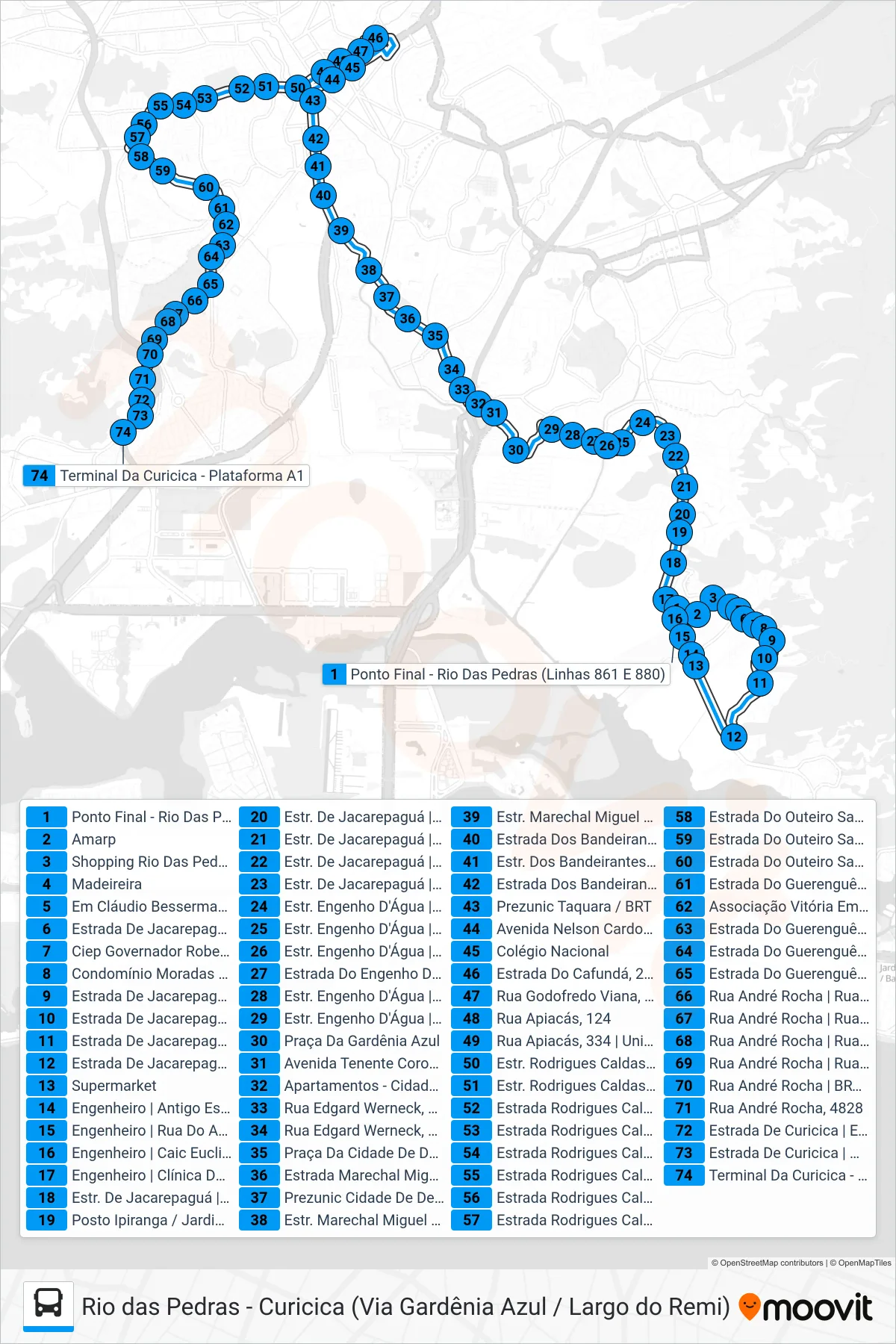 Rota e paradas da linha de ônibus SN 861 (Curicica (Via Floresta)) no mapa