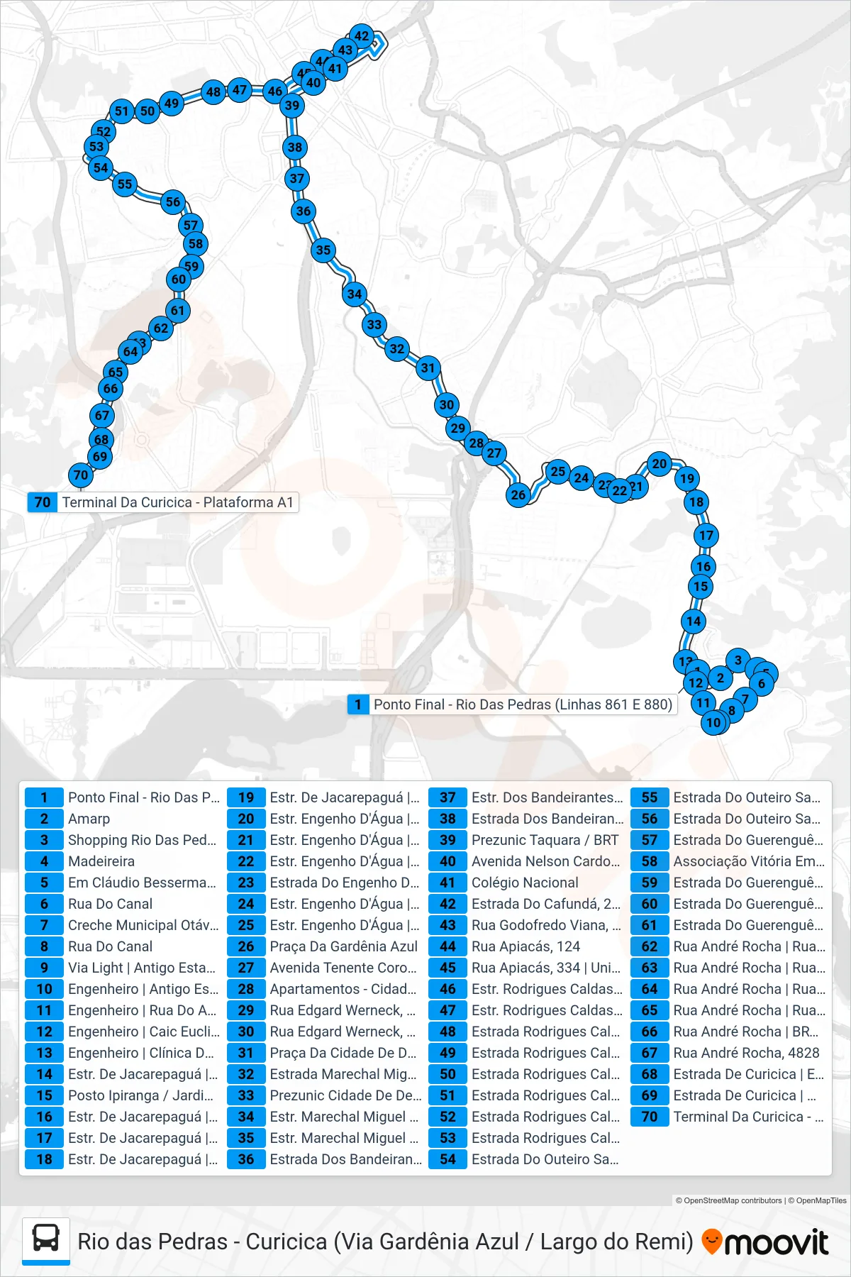 Rota e paradas da linha de ônibus SN 861 (Curicica) no mapa