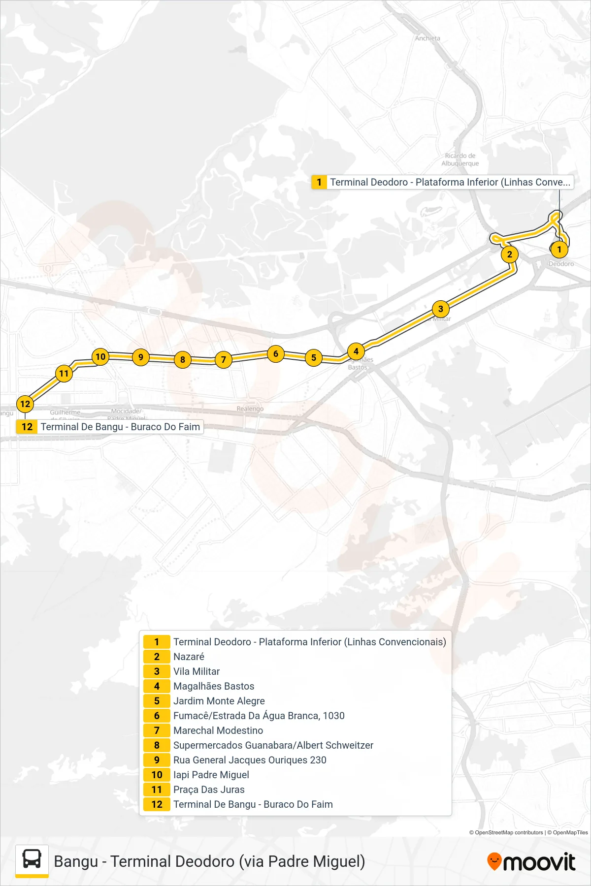 Rota e paradas da linha de ônibus  68  (Bangu) no mapa