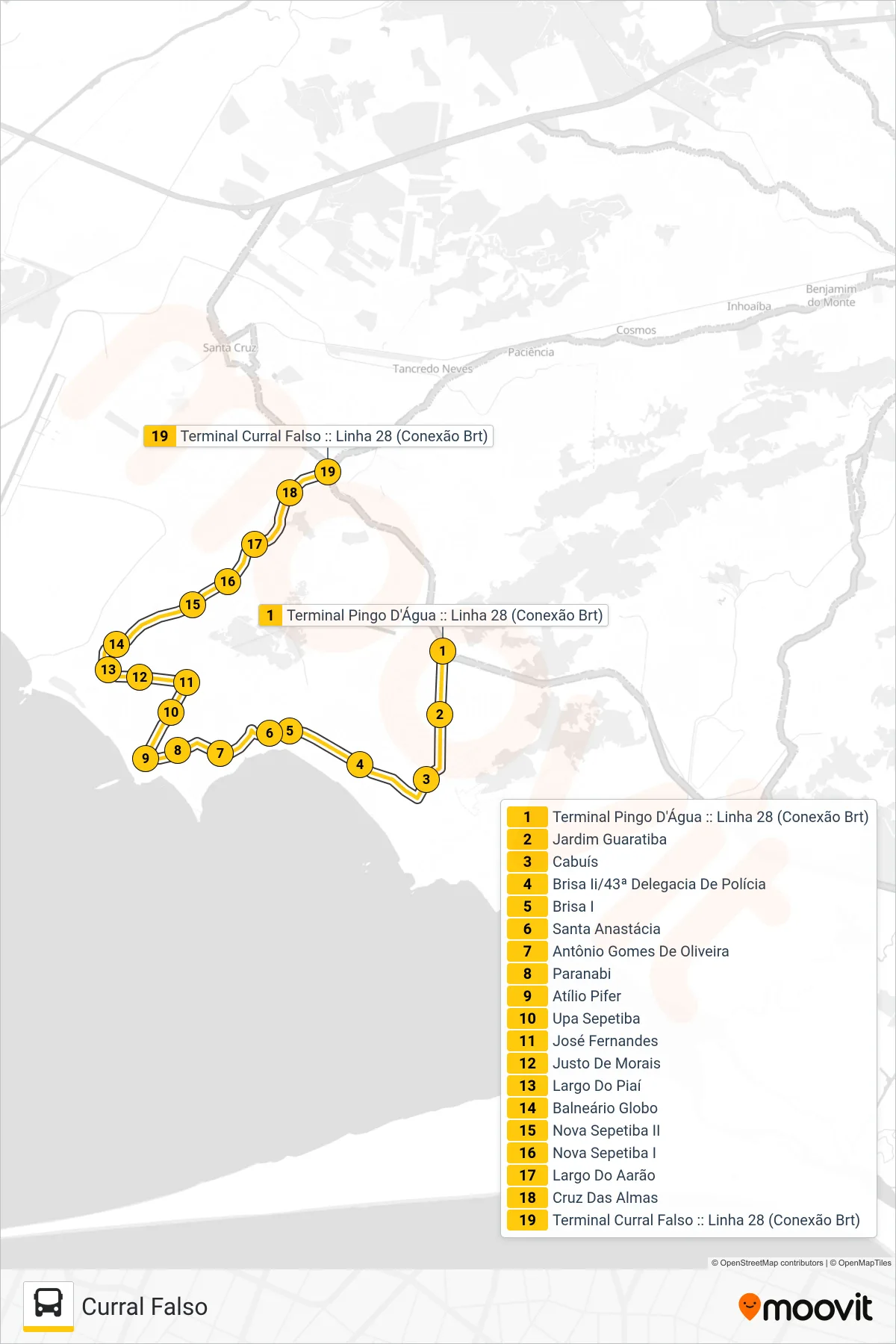 Rota e paradas da linha de ônibus 28 (Curral Falso) no mapa